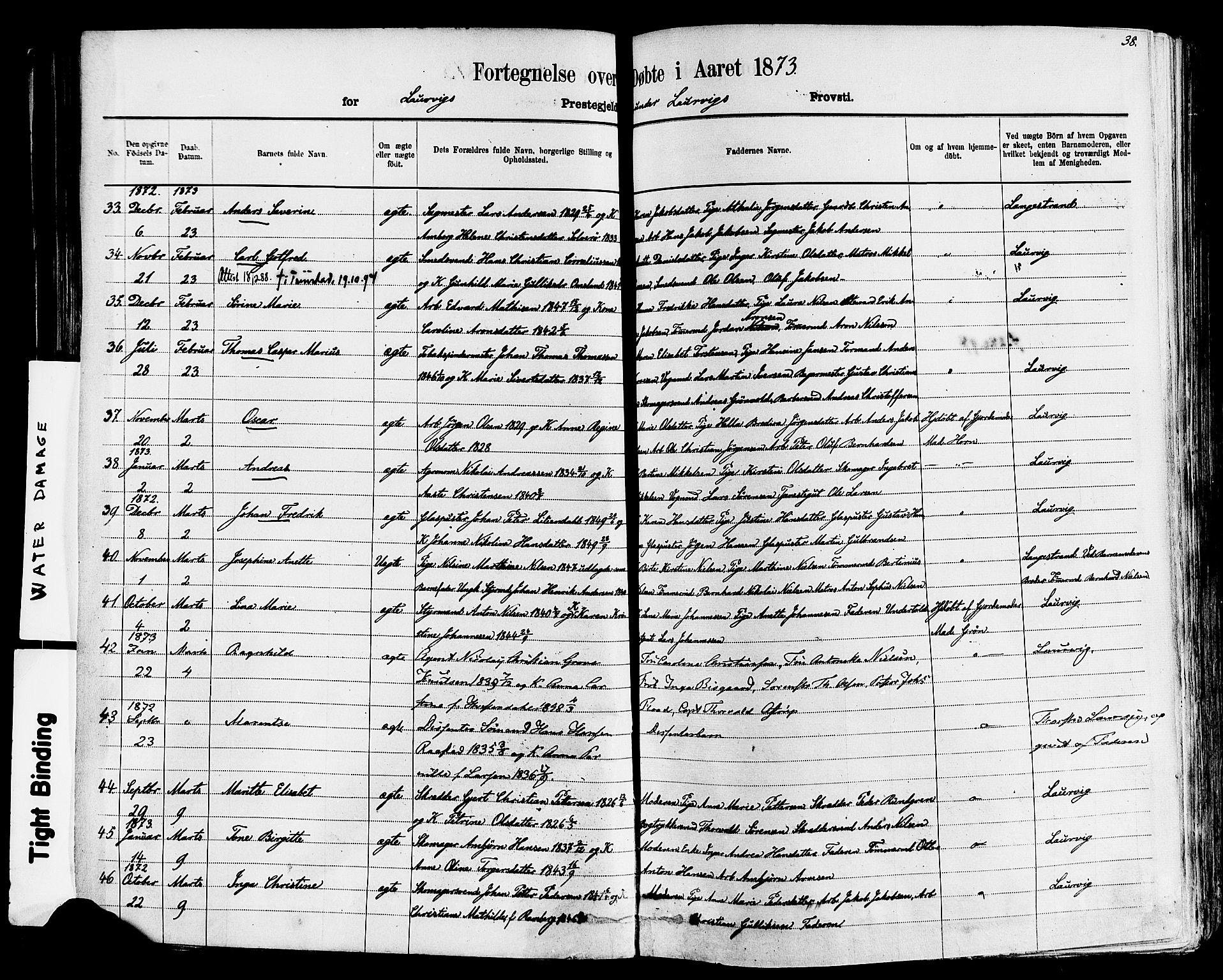 Larvik kirkebøker, AV/SAKO-A-352/F/Fa/L0006: Parish register (official) no. I 6, 1871-1883, p. 38