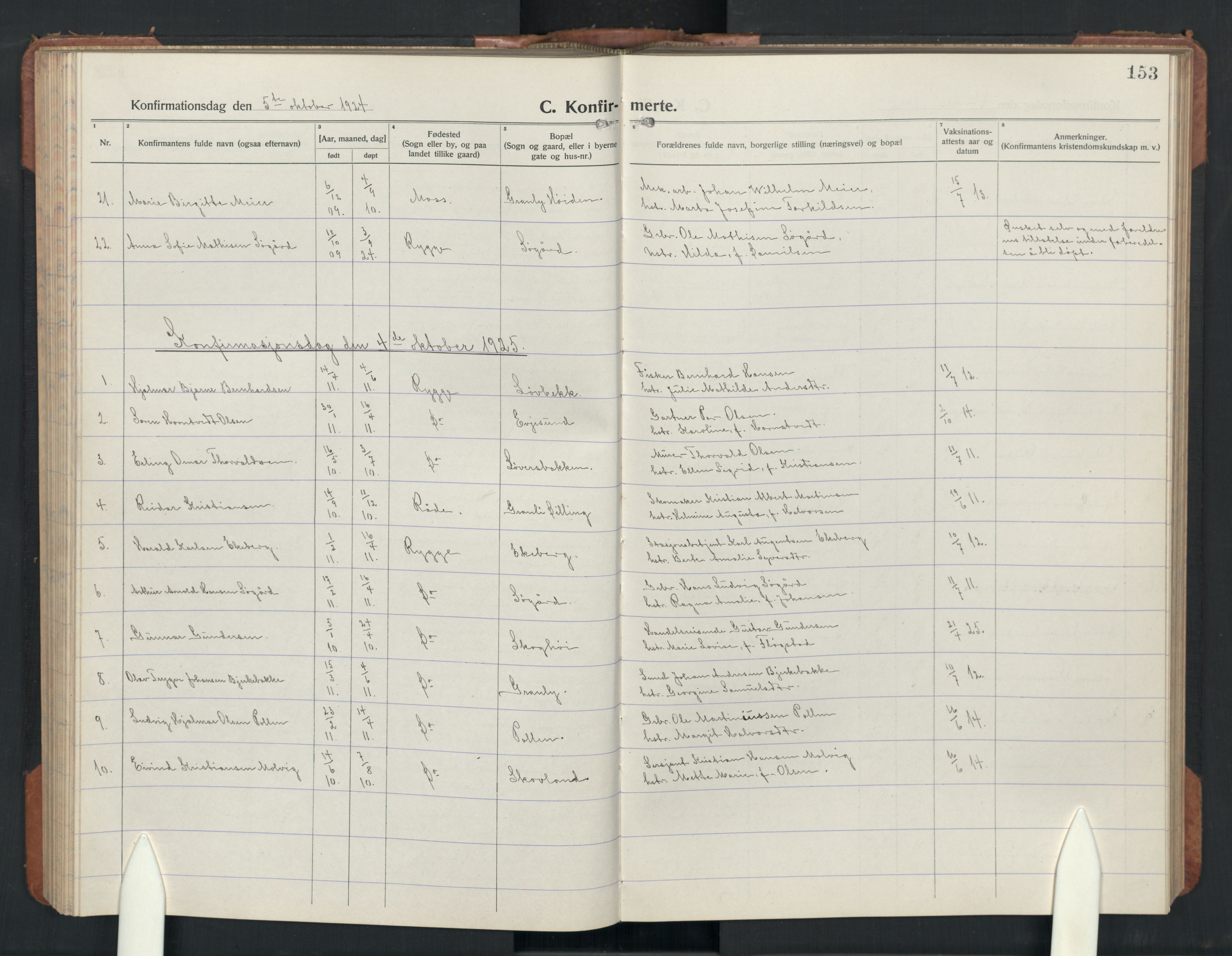 Rygge prestekontor Kirkebøker, AV/SAO-A-10084b/G/Ga/L0004: Parish register (copy) no. 4, 1922-1953, p. 153