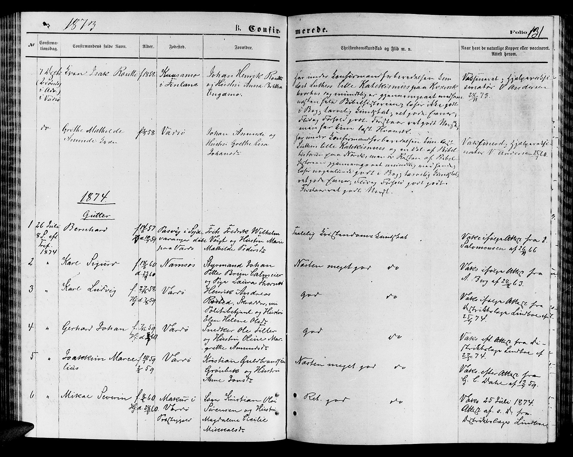 Vardø sokneprestkontor, SATØ/S-1332/H/Hb/L0003klokker: Parish register (copy) no. 3, 1871-1878, p. 131
