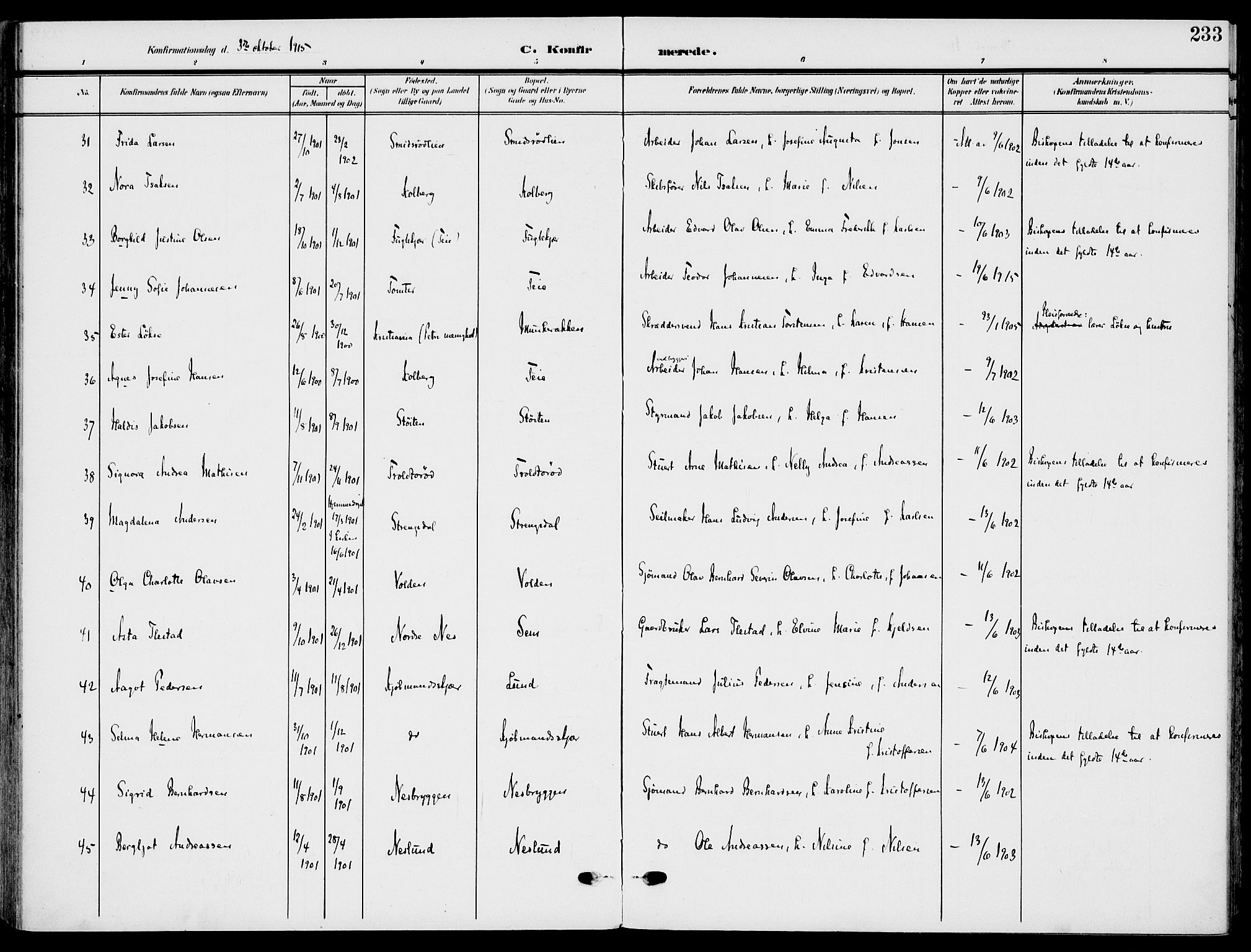 Nøtterøy kirkebøker, AV/SAKO-A-354/F/Fa/L0010: Parish register (official) no. I 10, 1908-1919, p. 233