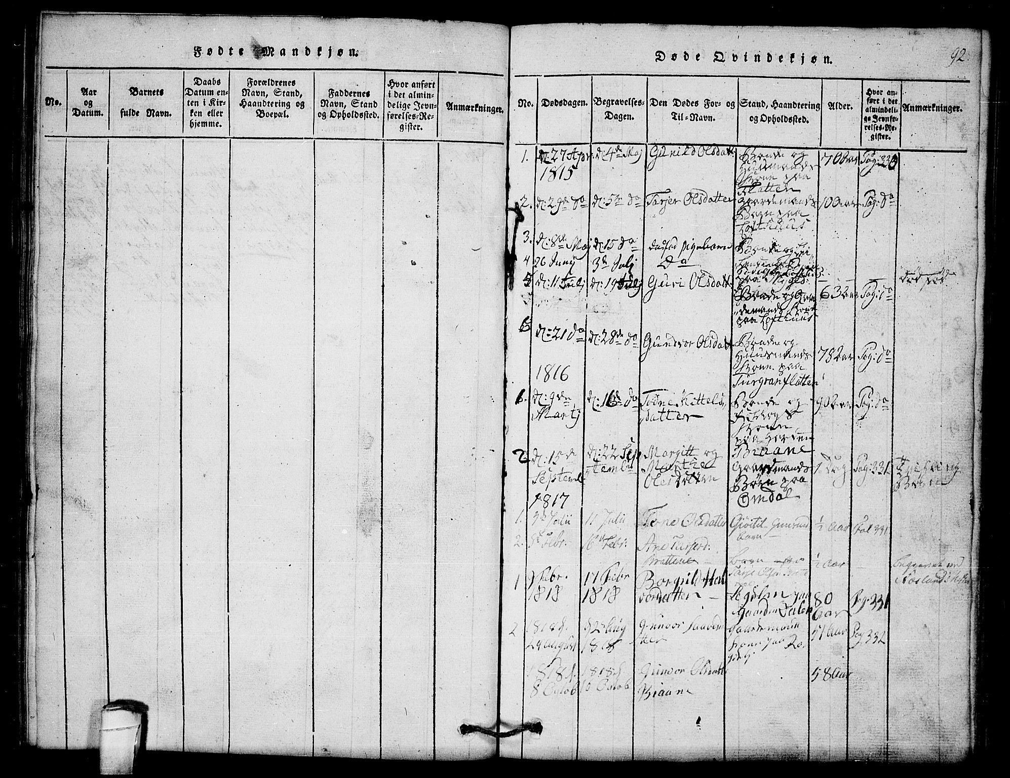 Lårdal kirkebøker, SAKO/A-284/G/Gb/L0001: Parish register (copy) no. II 1, 1815-1865, p. 92