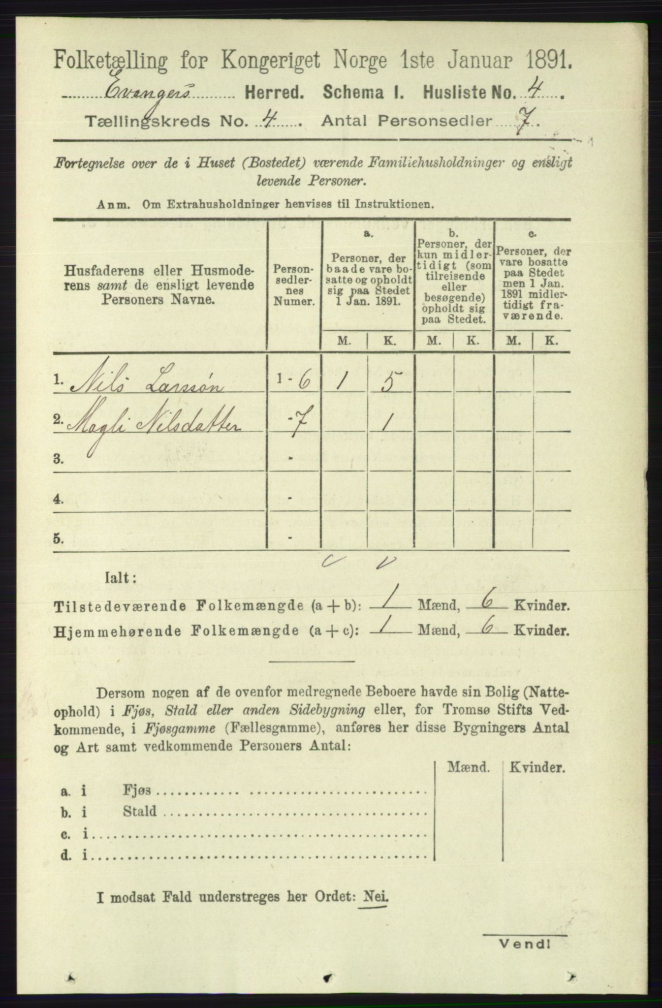 RA, 1891 census for 1237 Evanger, 1891, p. 1110