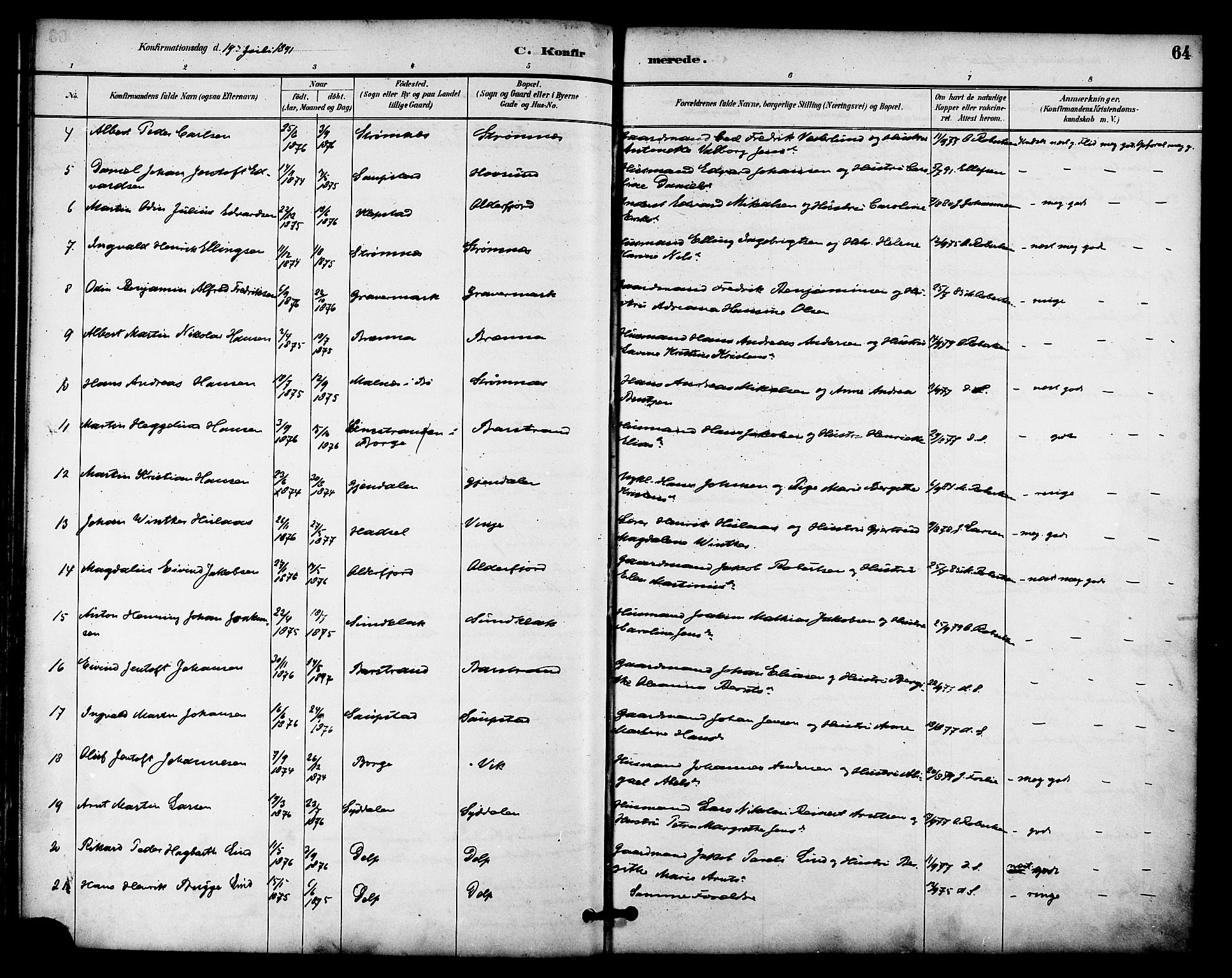 Ministerialprotokoller, klokkerbøker og fødselsregistre - Nordland, AV/SAT-A-1459/876/L1097: Parish register (official) no. 876A03, 1886-1896, p. 64