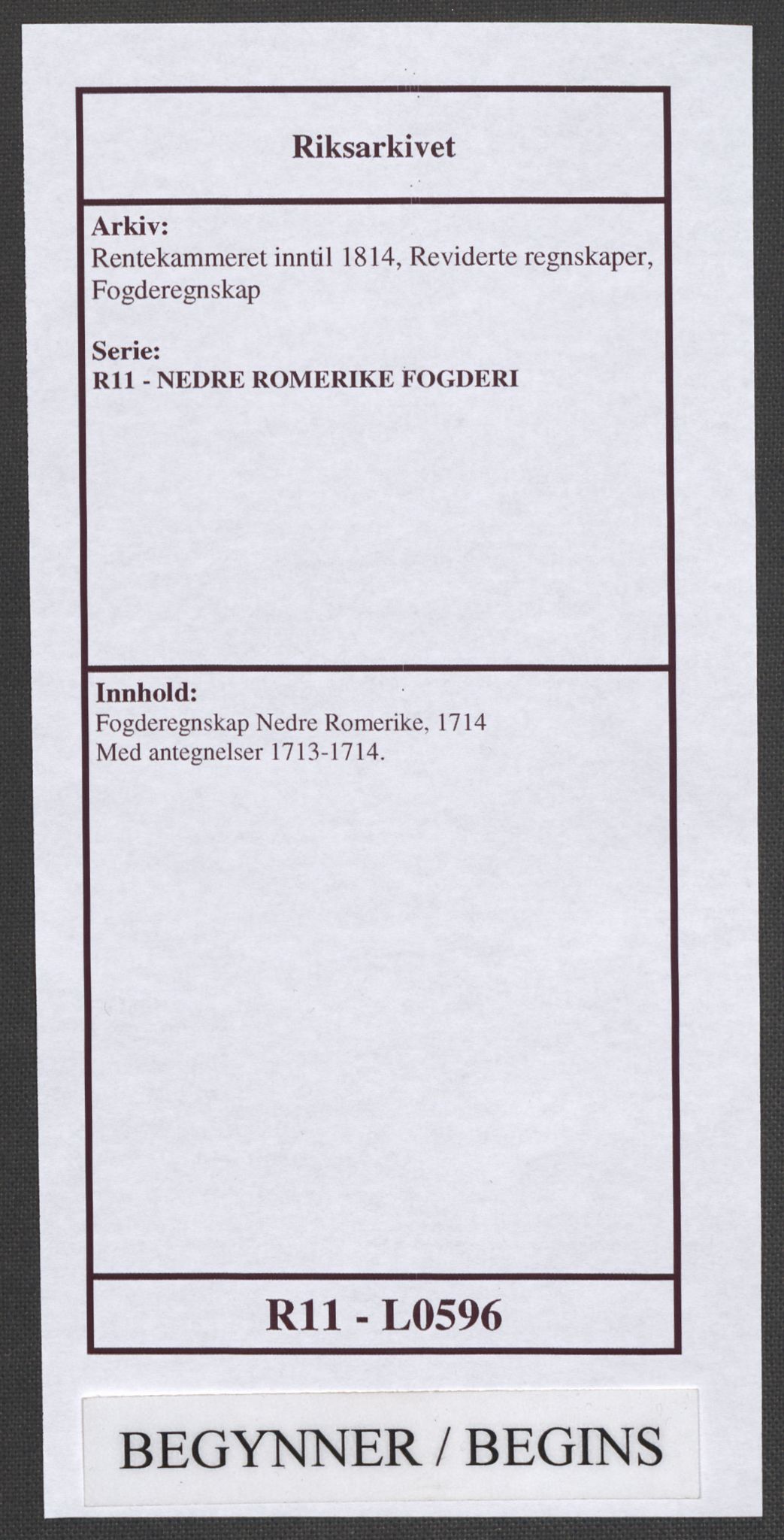 Rentekammeret inntil 1814, Reviderte regnskaper, Fogderegnskap, RA/EA-4092/R11/L0596: Fogderegnskap Nedre Romerike, 1714, p. 1