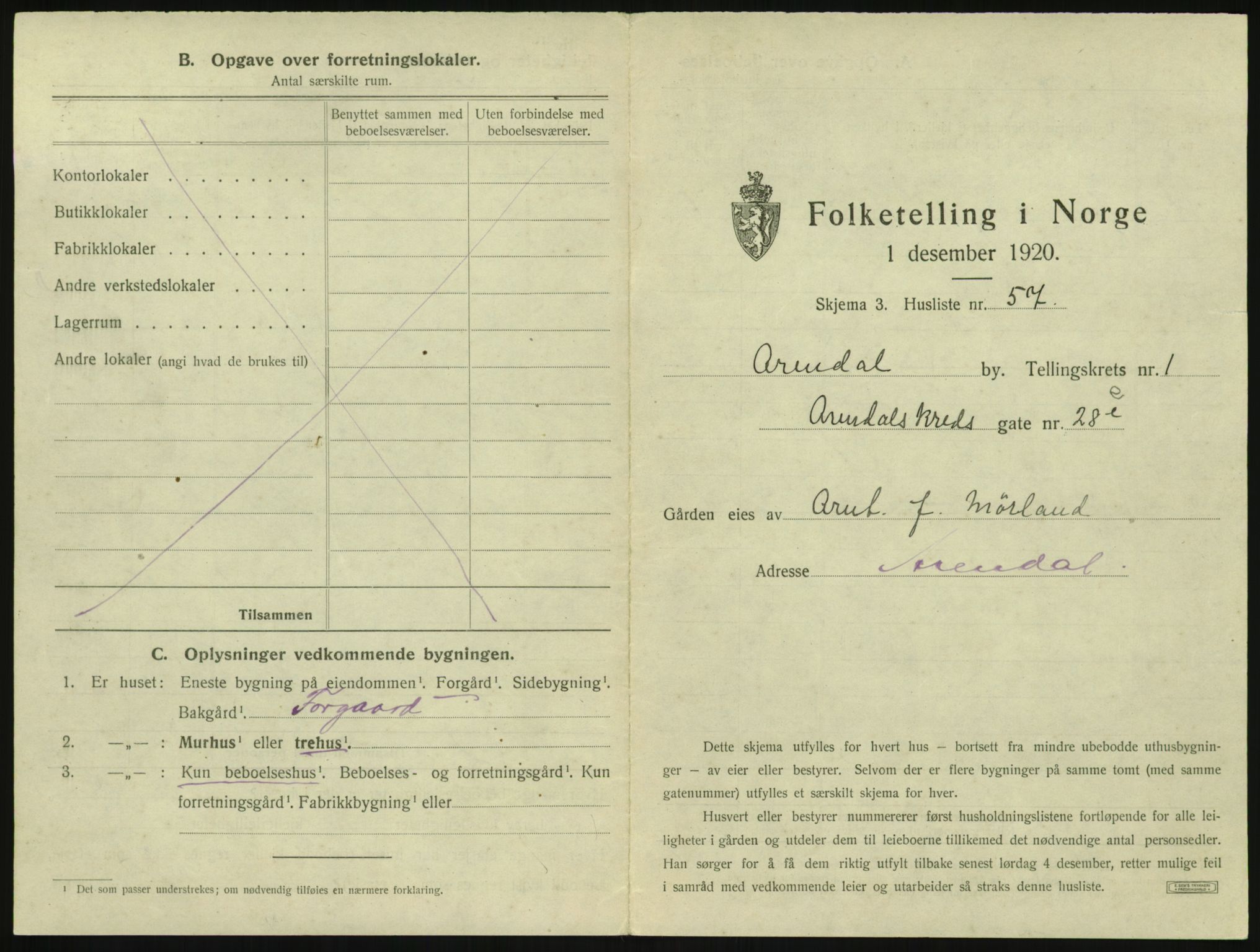 SAK, 1920 census for Arendal, 1920, p. 196