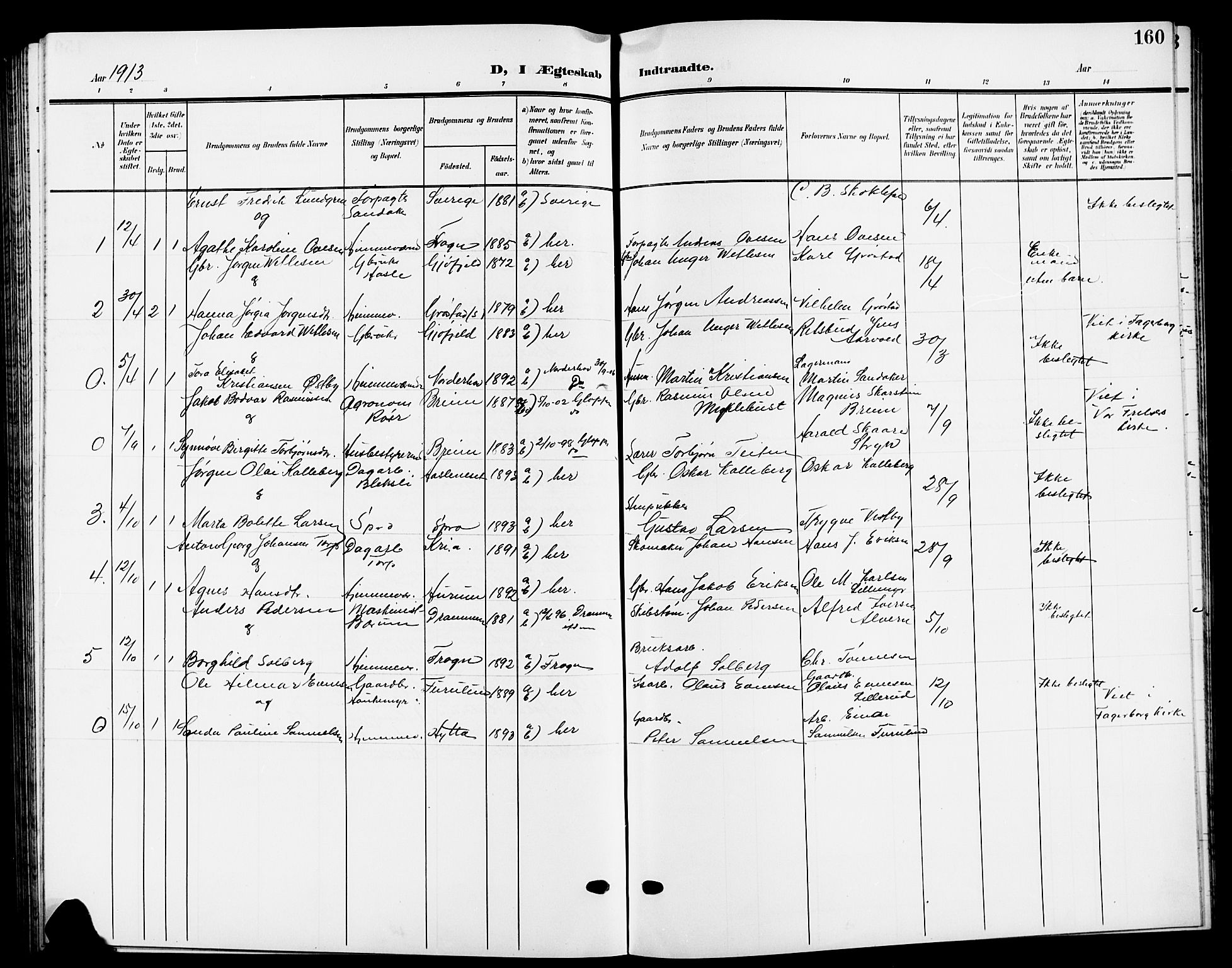 Nesodden prestekontor Kirkebøker, SAO/A-10013/G/Ga/L0002: Parish register (copy) no. I 2, 1905-1924, p. 160