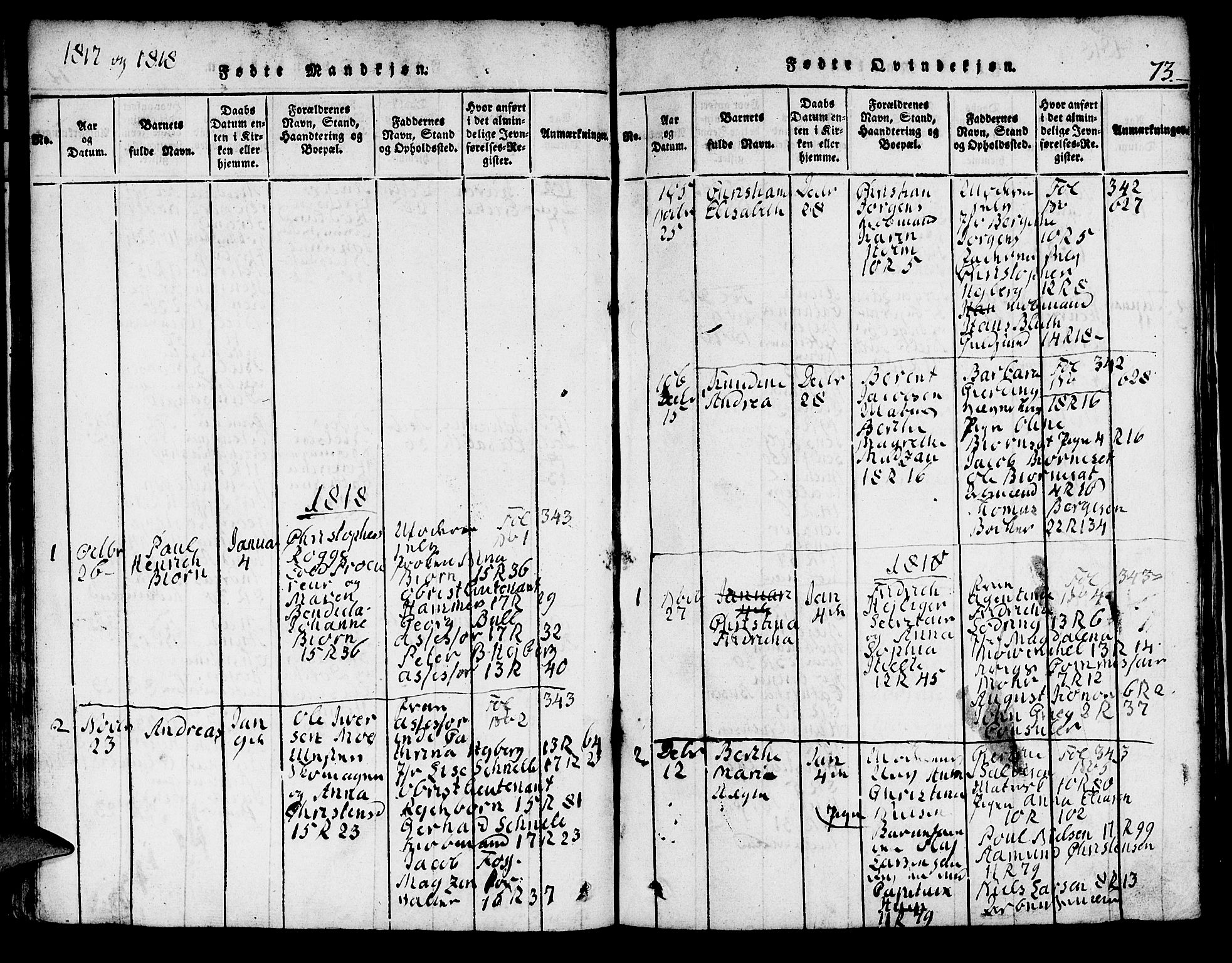 Domkirken sokneprestembete, SAB/A-74801/H/Hab/L0001: Parish register (copy) no. A 1, 1816-1821, p. 73