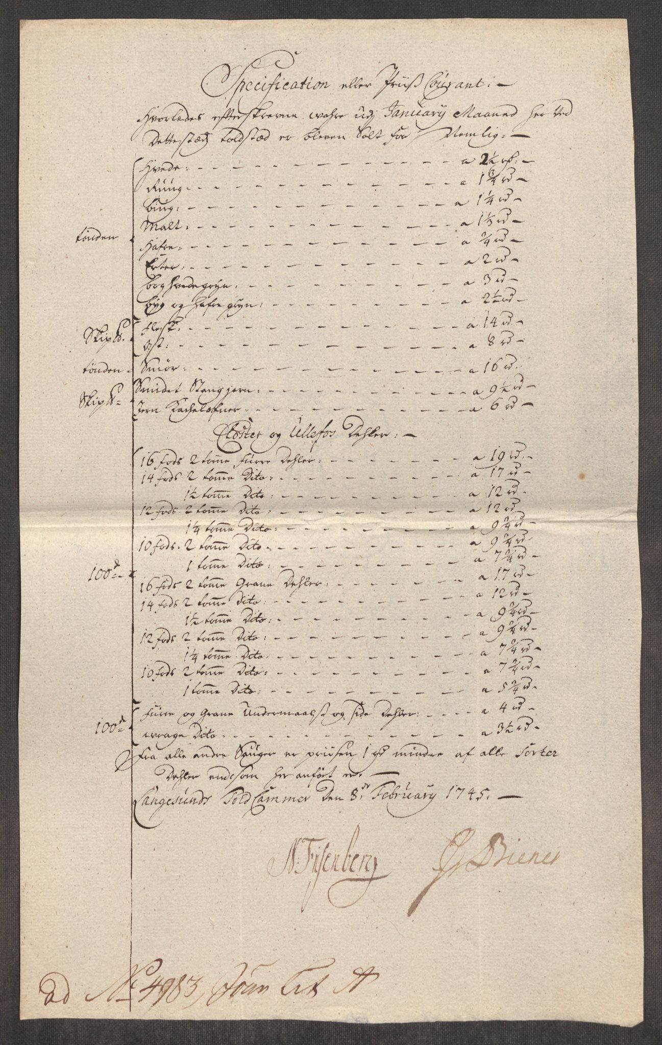 Rentekammeret inntil 1814, Realistisk ordnet avdeling, RA/EA-4070/Oe/L0003: [Ø1]: Priskuranter, 1745-1748, p. 121