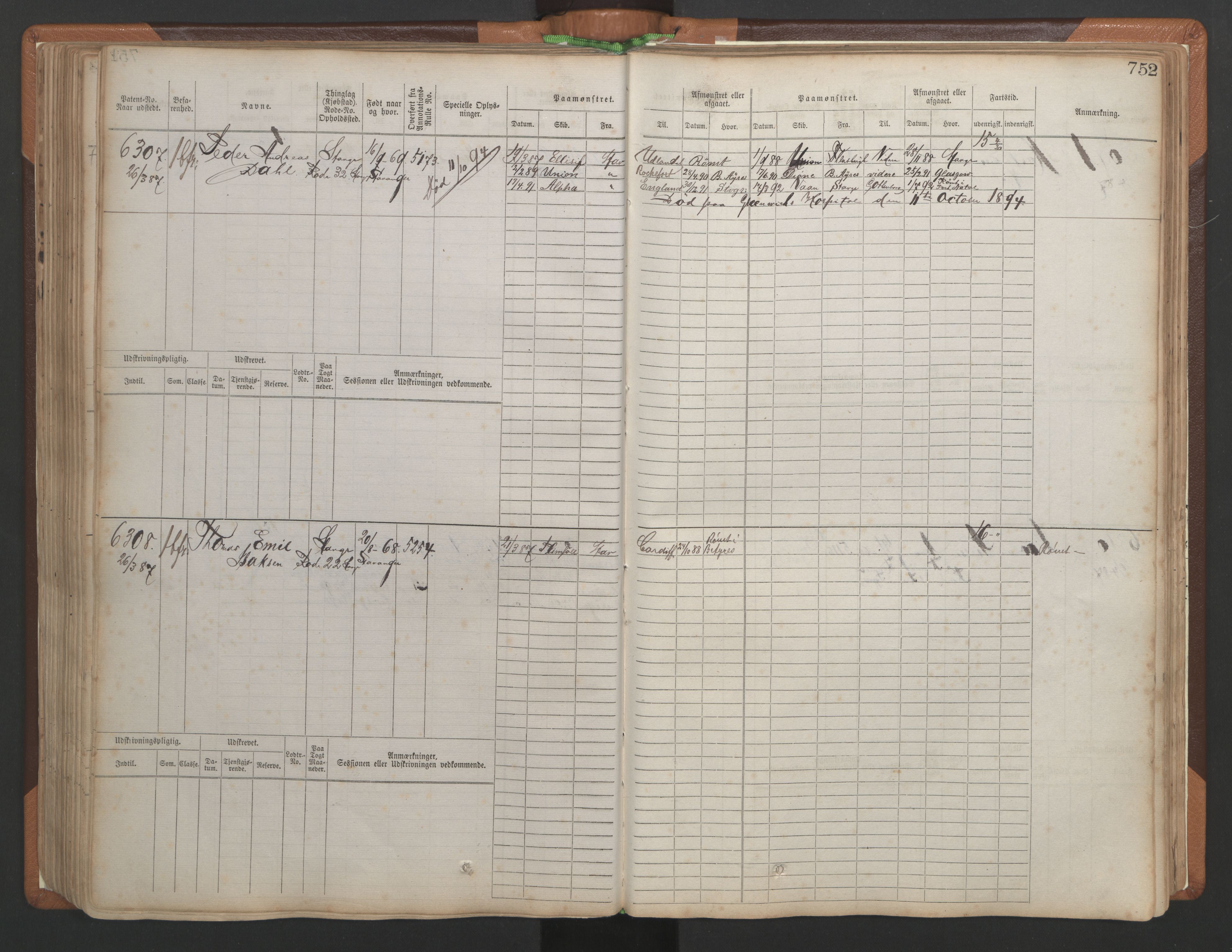 Stavanger sjømannskontor, AV/SAST-A-102006/F/Fb/Fbb/L0010: Sjøfartshovedrulle, patentnr. 6007-6606 (del 1), 1887-1896, p. 156