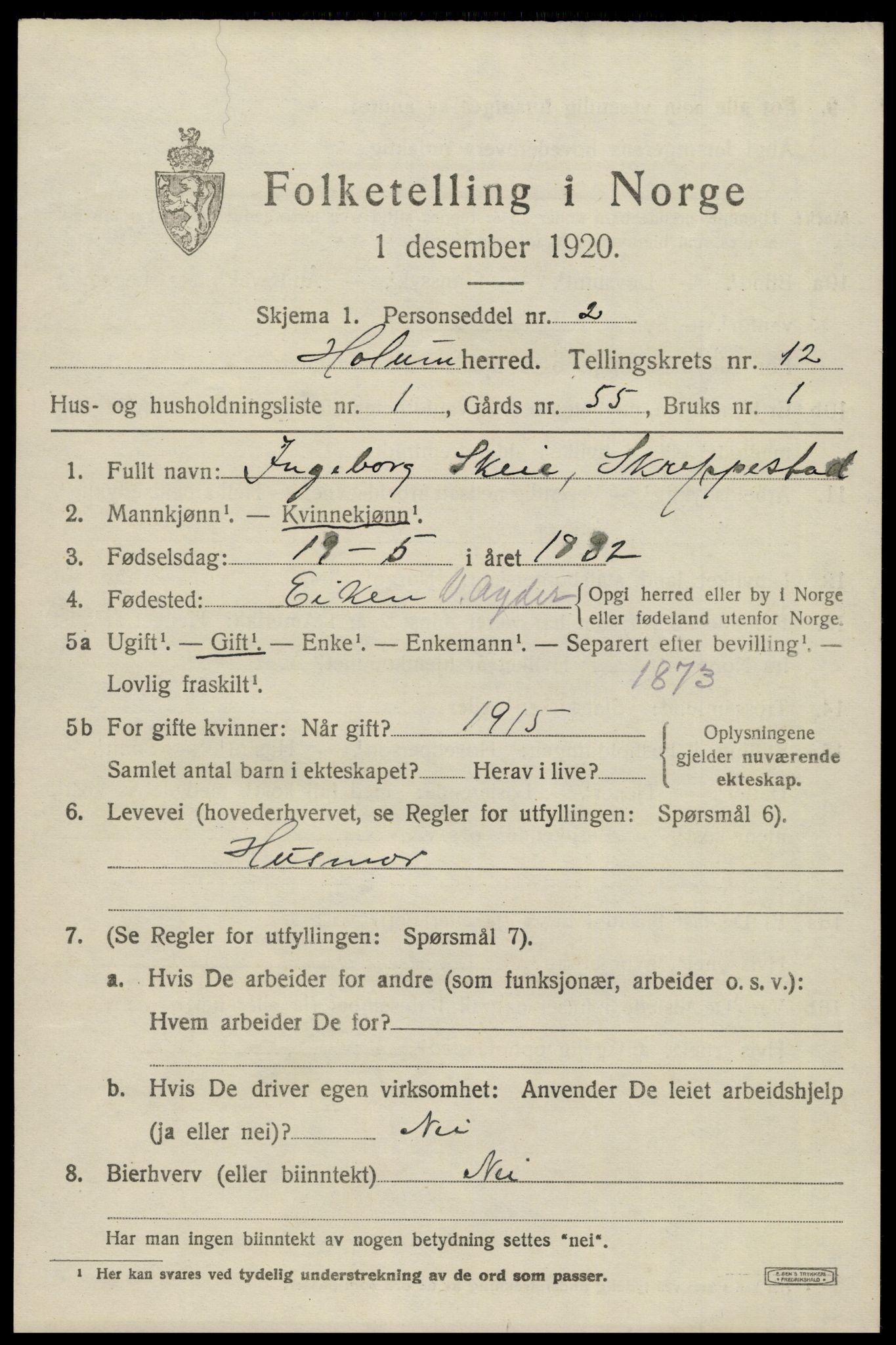 SAK, 1920 census for Holum, 1920, p. 3103