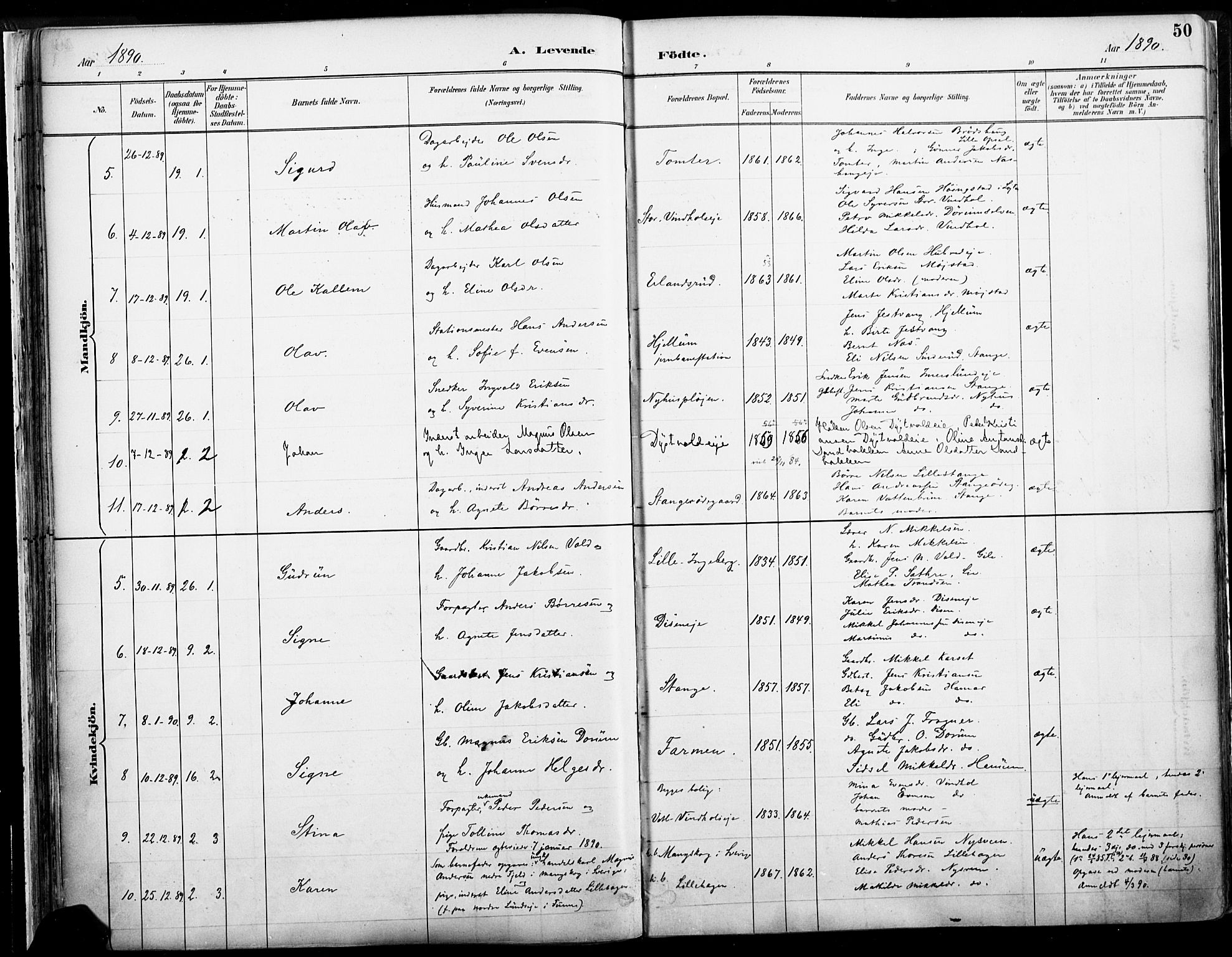 Vang prestekontor, Hedmark, SAH/PREST-008/H/Ha/Haa/L0019A: Parish register (official) no. 19, 1886-1900, p. 50