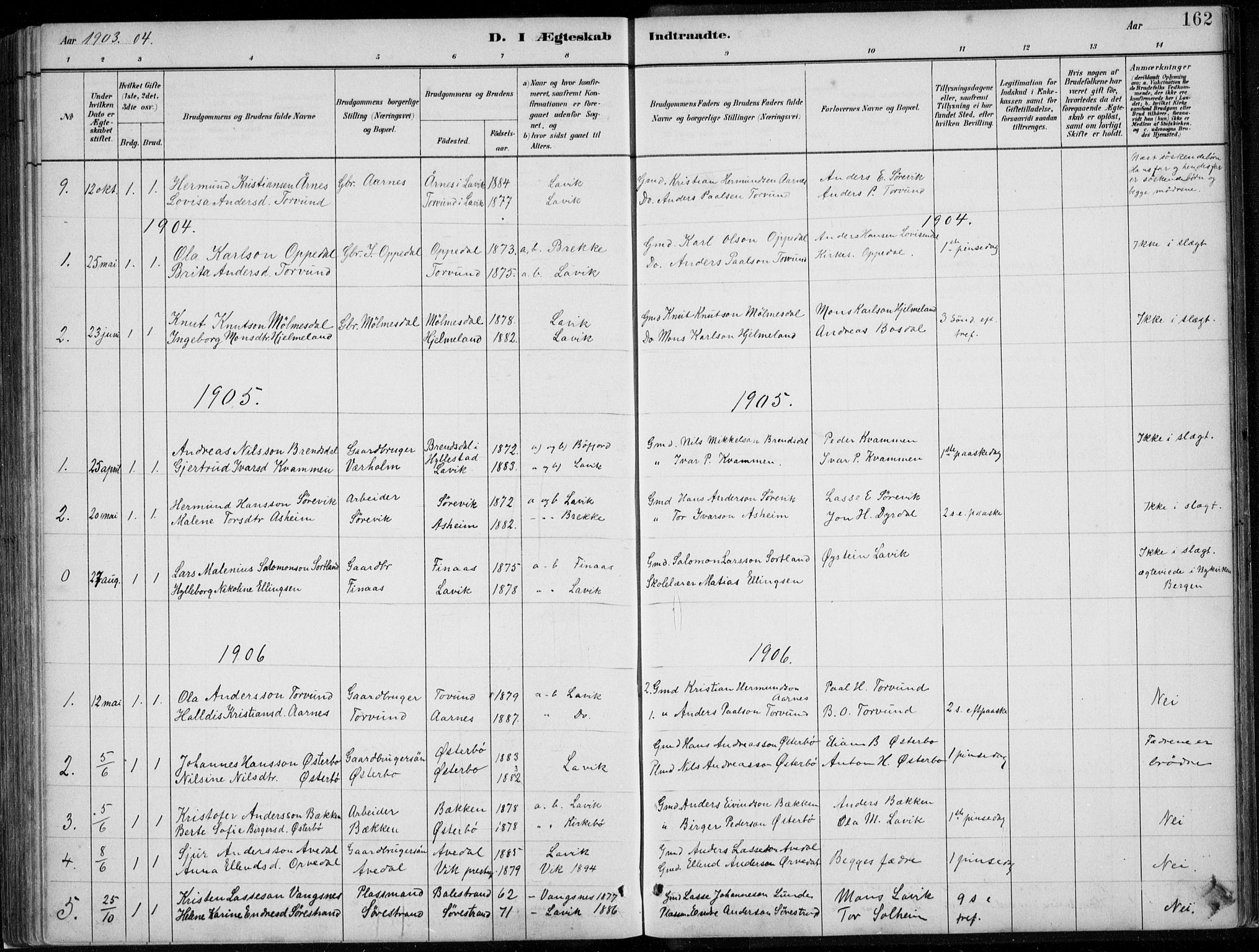 Lavik sokneprestembete, SAB/A-80901: Parish register (copy) no. A 2, 1882-1910, p. 162