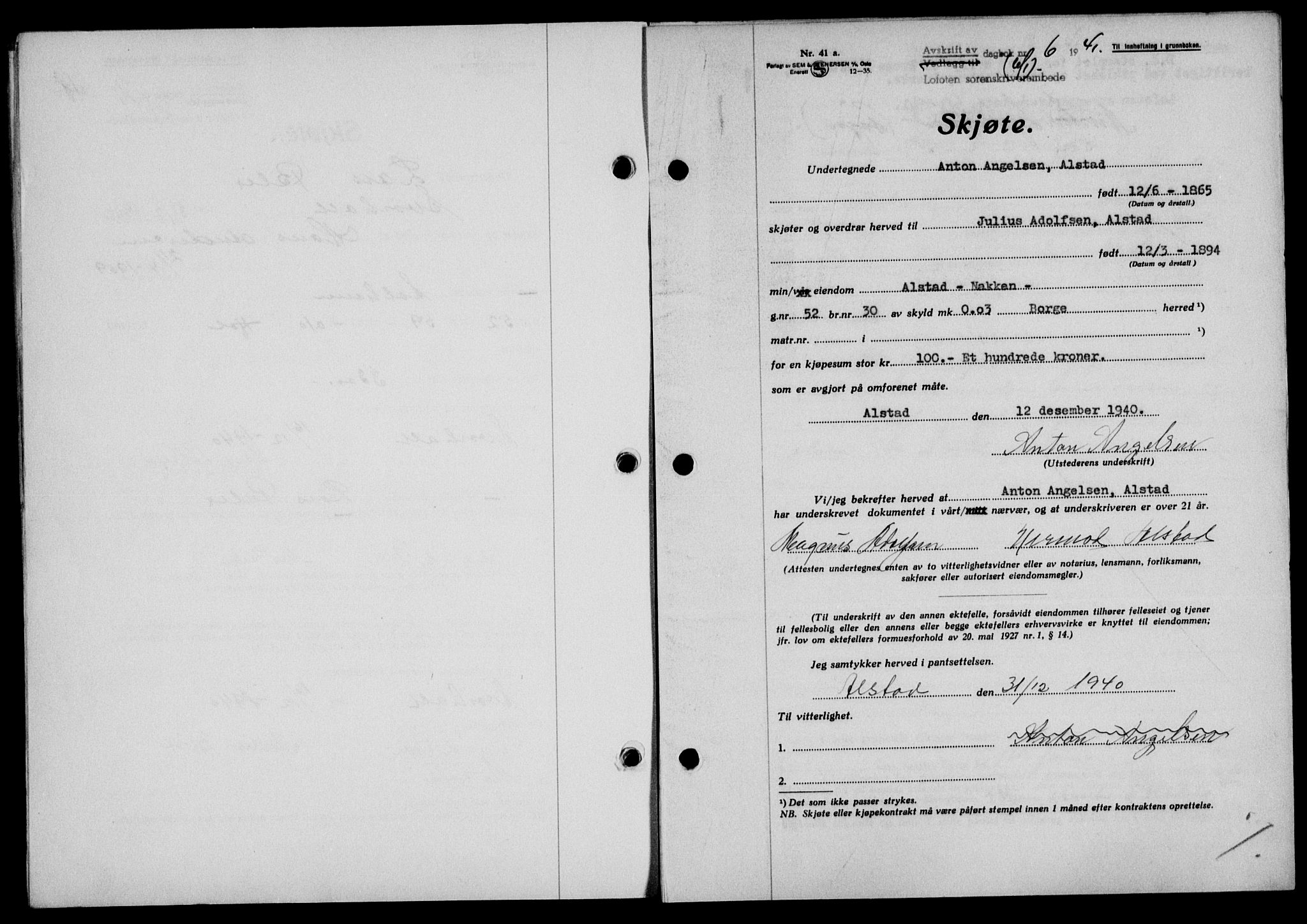 Lofoten sorenskriveri, SAT/A-0017/1/2/2C/L0008a: Mortgage book no. 8a, 1940-1941, Diary no: : 6/1941