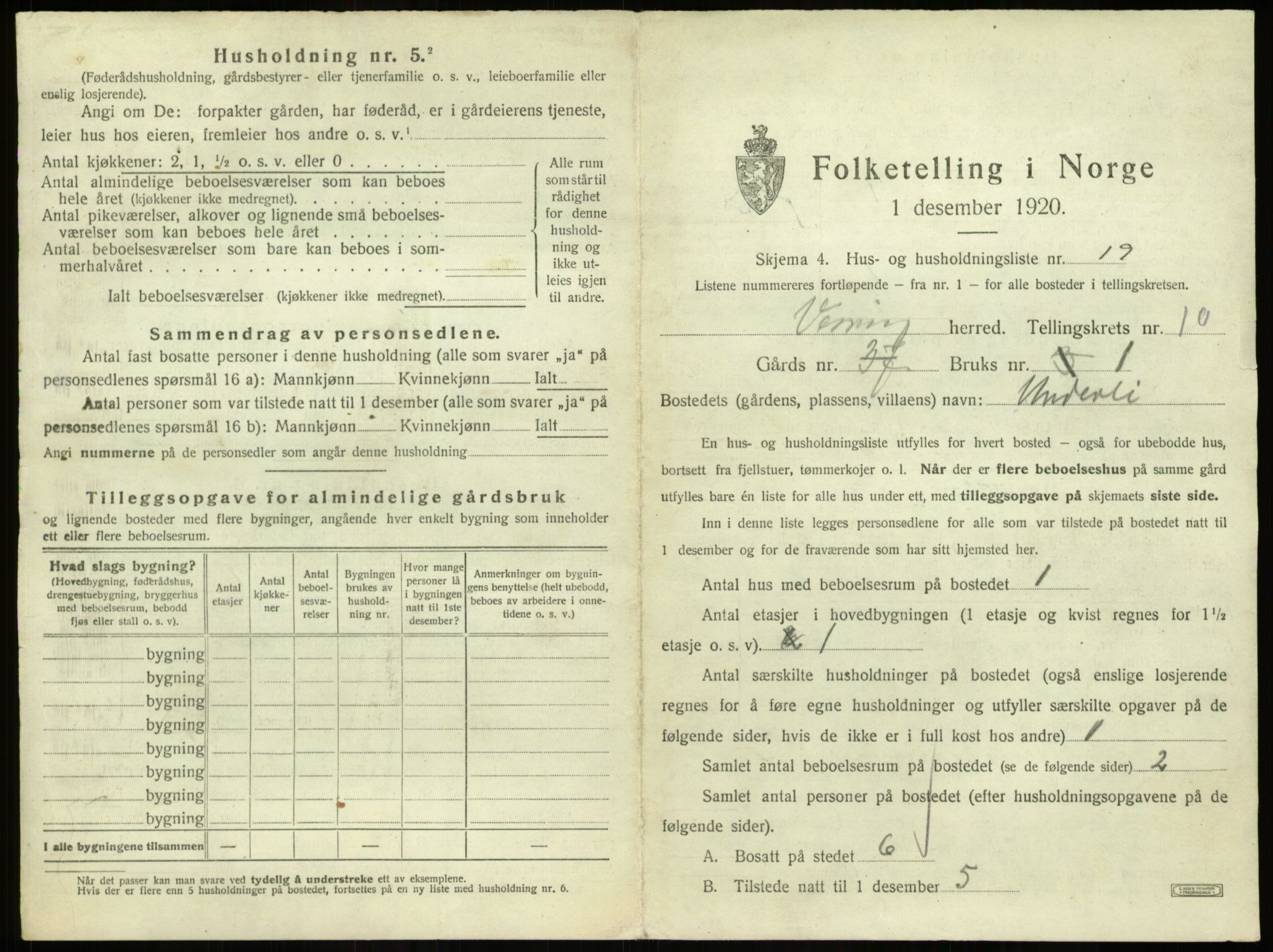 SAB, 1920 census for Vevring, 1920, p. 432