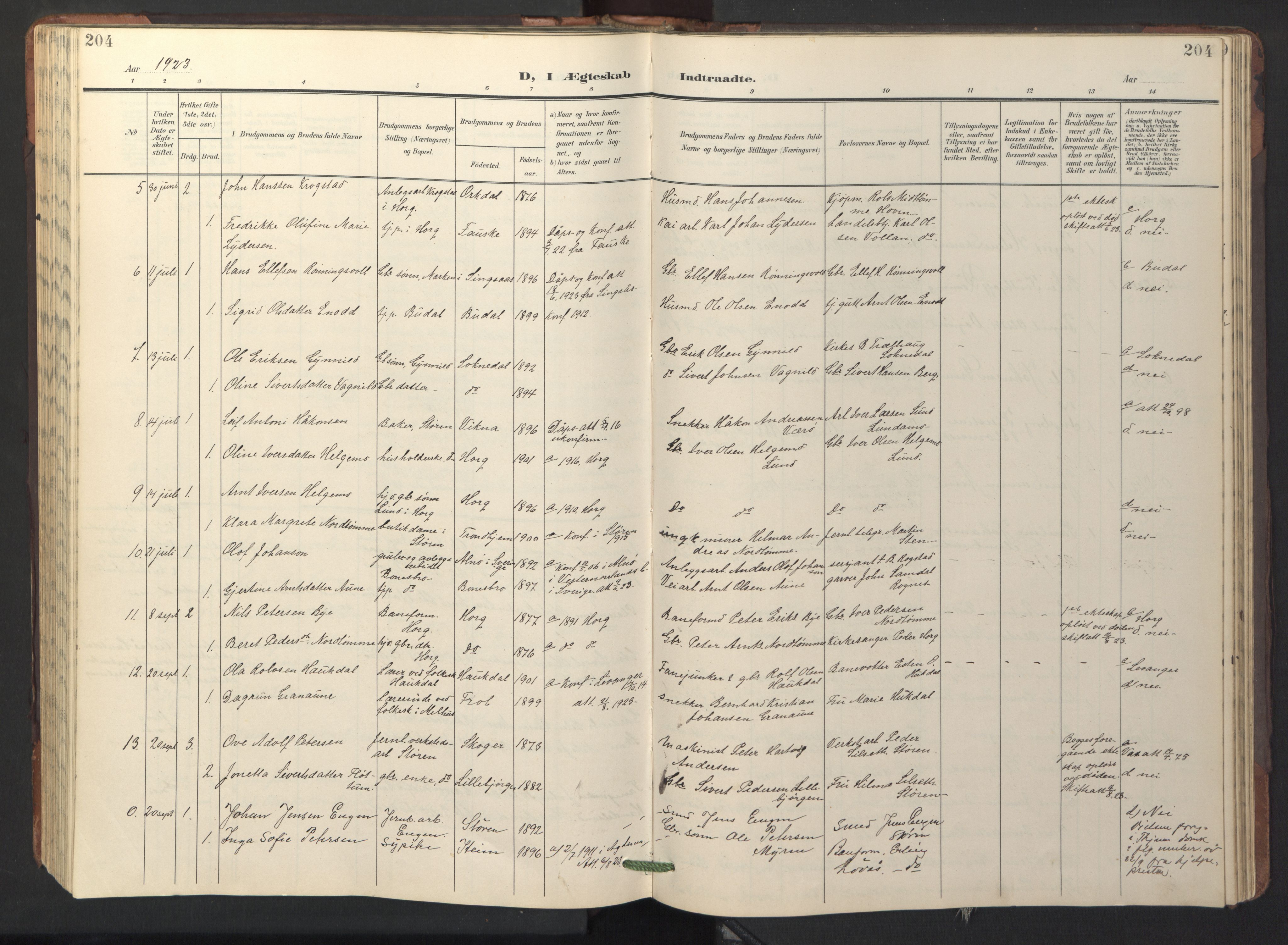 Ministerialprotokoller, klokkerbøker og fødselsregistre - Sør-Trøndelag, AV/SAT-A-1456/687/L1019: Parish register (copy) no. 687C03, 1904-1931, p. 204