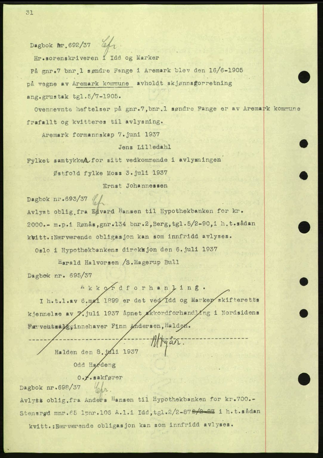 Idd og Marker sorenskriveri, AV/SAO-A-10283/G/Gb/Gbc/L0001: Mortgage book no. B1-3, 1936-1939, Diary no: : 692/1937