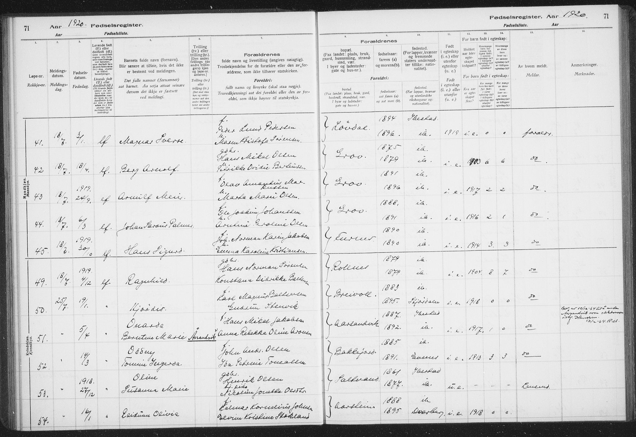Ibestad sokneprestembete, AV/SATØ-S-0077/I/Ic/L0061: Birth register no. 61, 1917-1929, p. 71