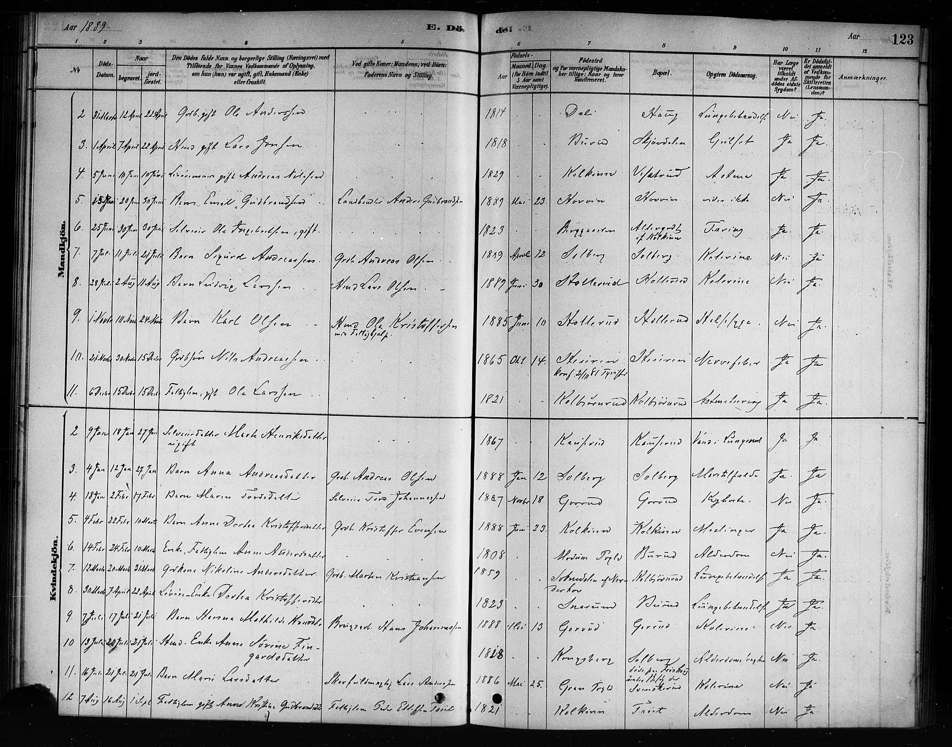Hole kirkebøker, SAKO/A-228/F/Fb/L0001: Parish register (official) no. II 1, 1878-1891, p. 123