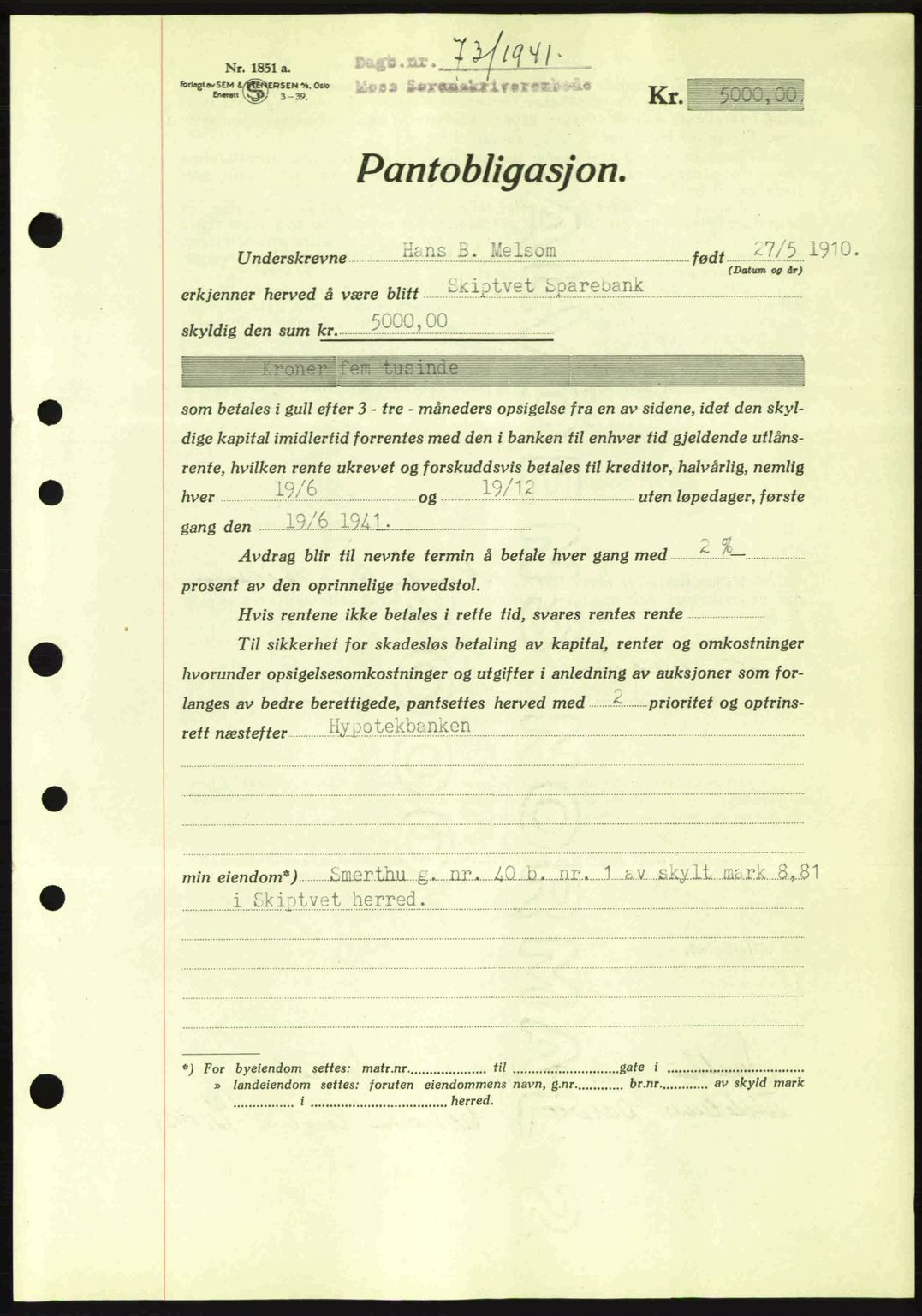 Moss sorenskriveri, SAO/A-10168: Mortgage book no. B10, 1940-1941, Diary no: : 73/1941