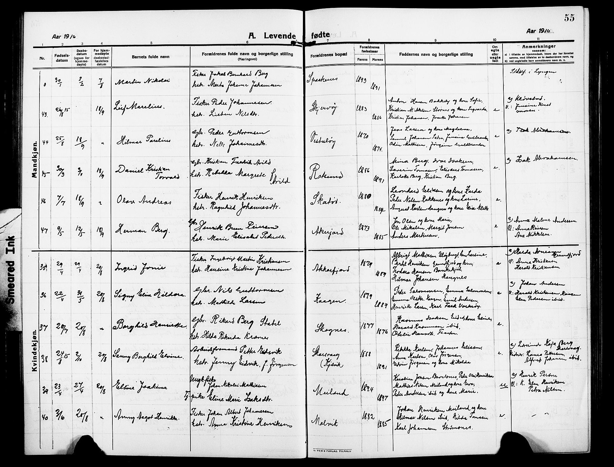 Skjervøy sokneprestkontor, AV/SATØ-S-1300/H/Ha/Hab/L0009klokker: Parish register (copy) no. 9, 1911-1926, p. 55