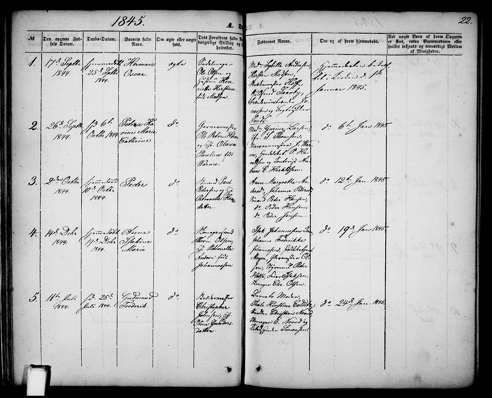 Skien kirkebøker, SAKO/A-302/G/Ga/L0004: Parish register (copy) no. 4, 1843-1867, p. 22