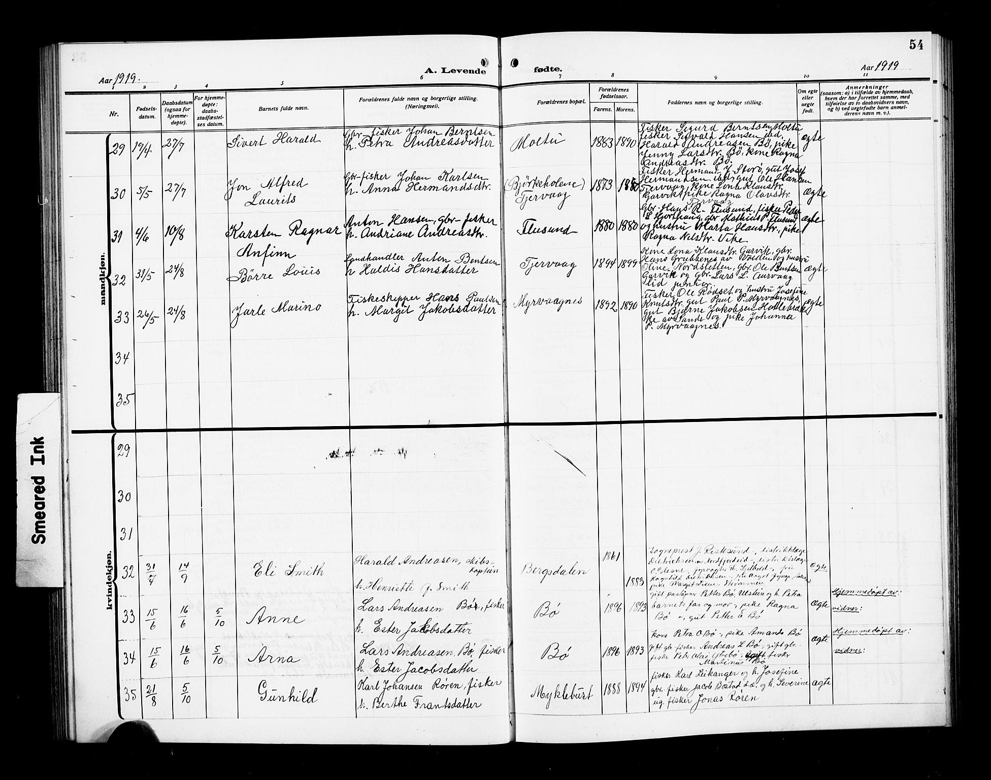 Ministerialprotokoller, klokkerbøker og fødselsregistre - Møre og Romsdal, AV/SAT-A-1454/507/L0083: Parish register (copy) no. 507C06, 1912-1919, p. 54