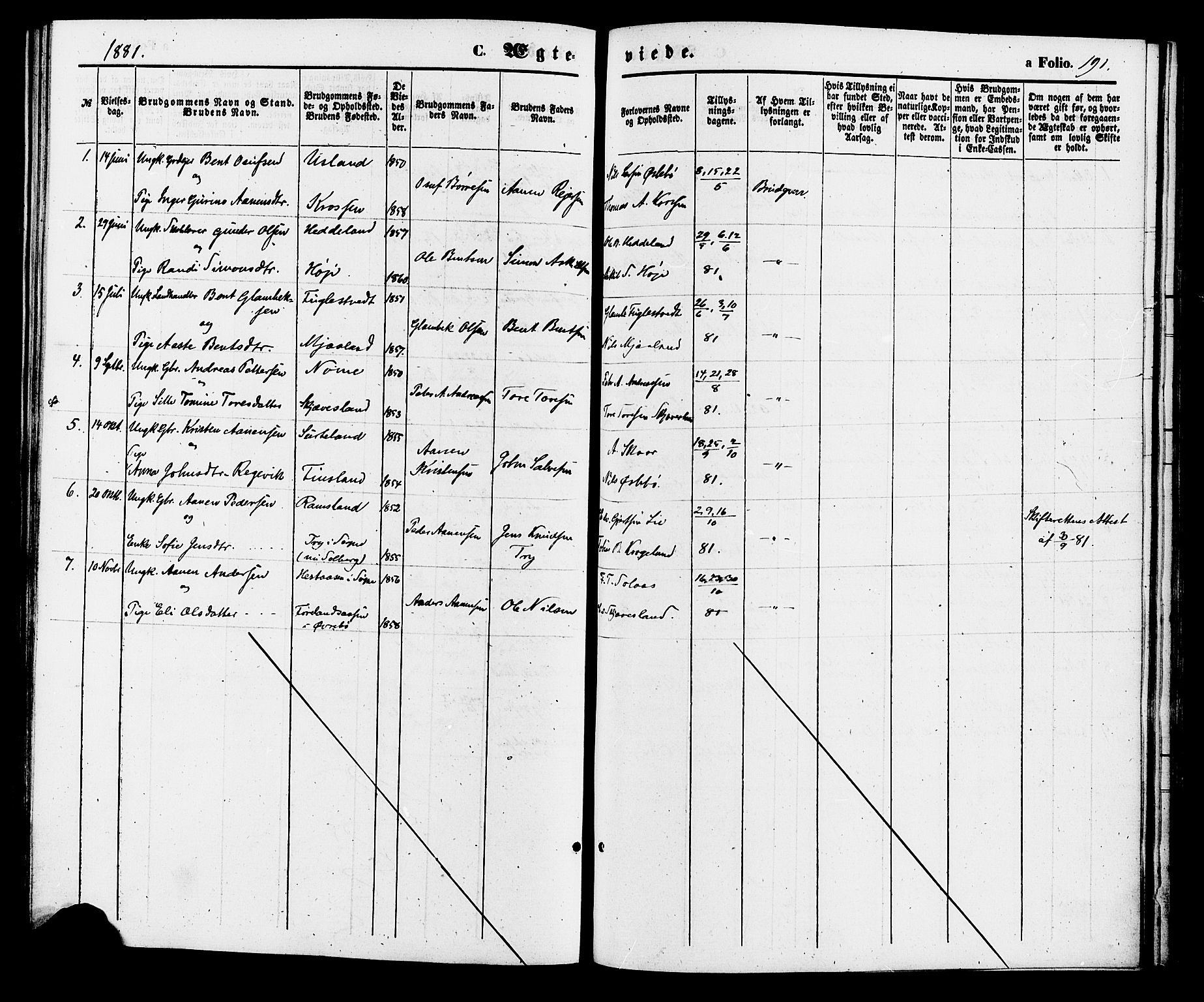 Holum sokneprestkontor, AV/SAK-1111-0022/F/Fa/Fac/L0003: Parish register (official) no. A 3, 1860-1883, p. 191