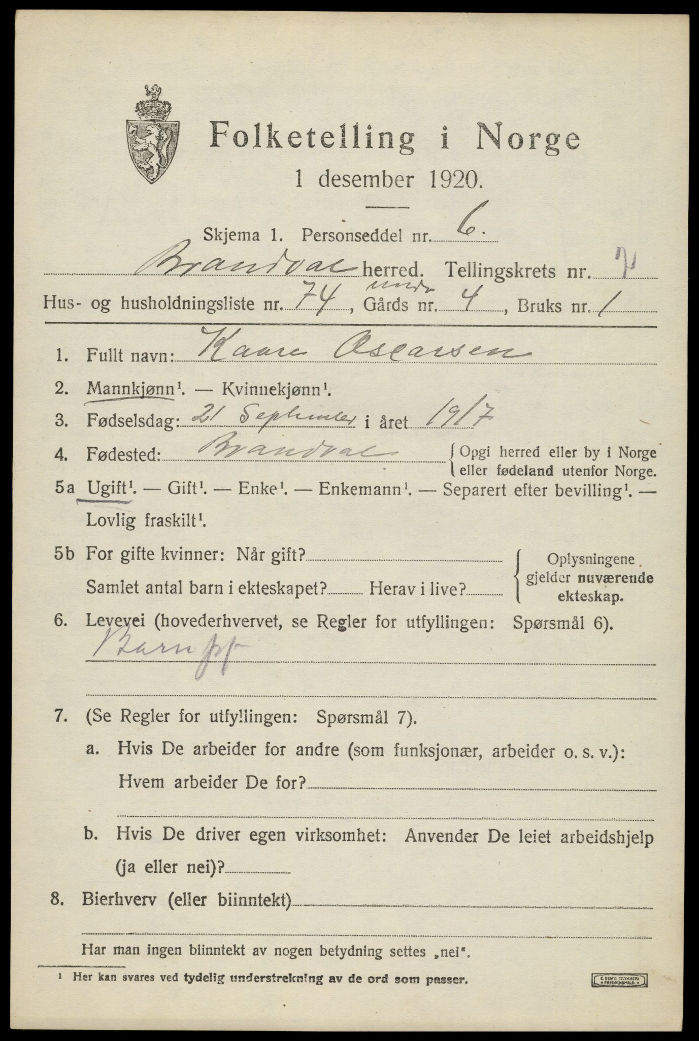 SAH, 1920 census for Brandval, 1920, p. 2976