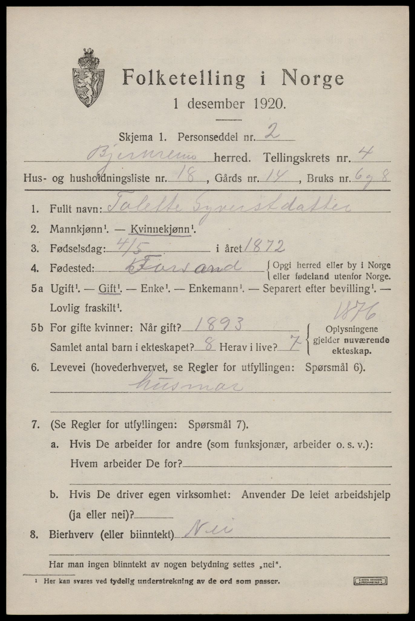 SAST, 1920 census for Bjerkreim, 1920, p. 1980