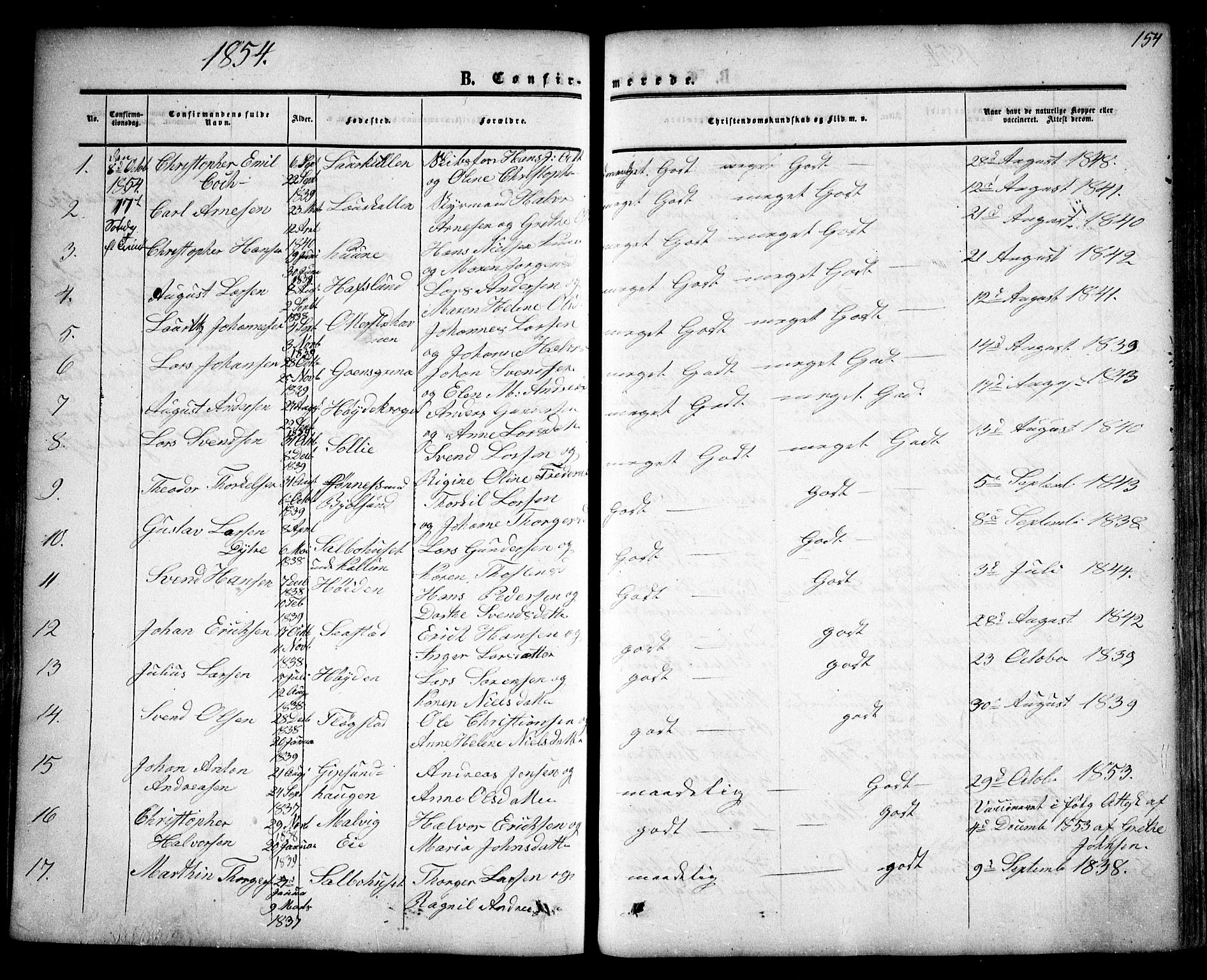 Rygge prestekontor Kirkebøker, SAO/A-10084b/F/Fa/L0005: Parish register (official) no. 5, 1852-1871, p. 154