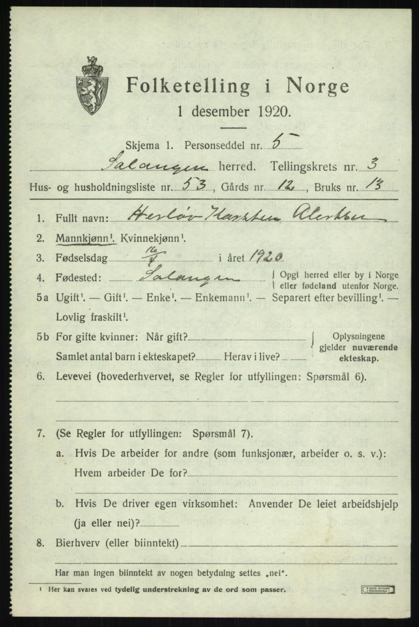 SATØ, 1920 census for Salangen, 1920, p. 2276