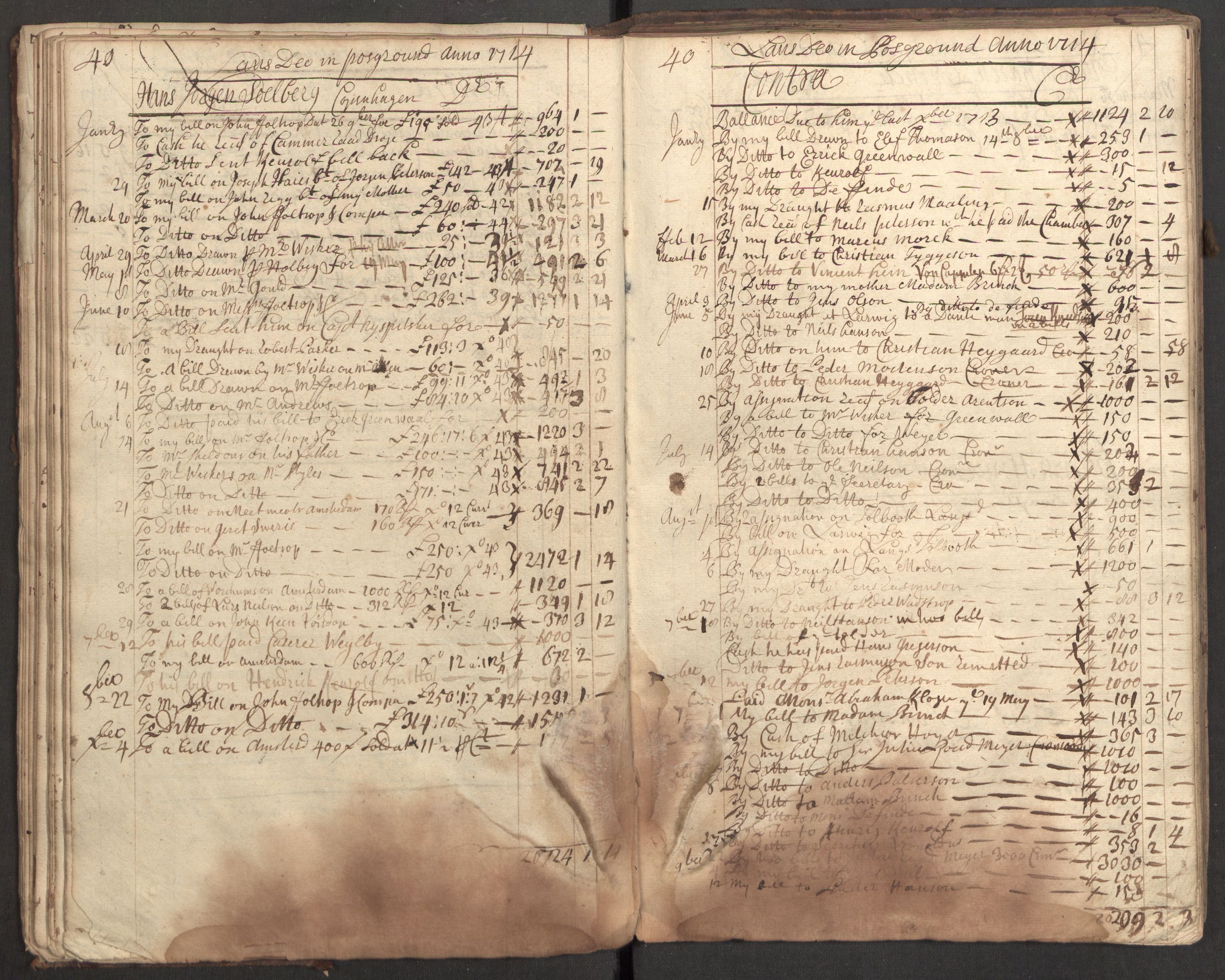 Bowman, James, RA/PA-0067/F/L0002/0001: Kontobok og skiftepapirer / James Bowmans kontobok, 1708-1728, p. 42