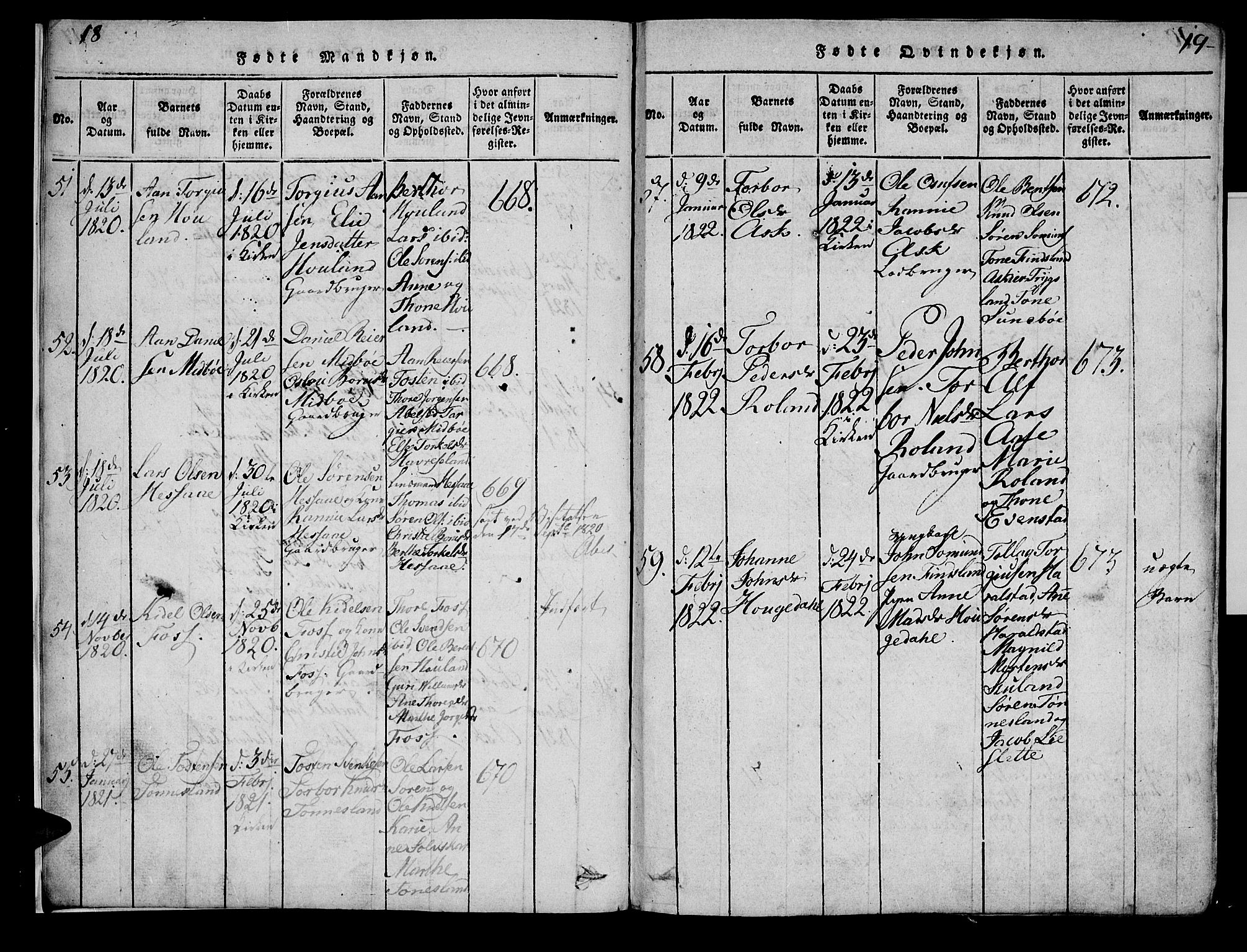 Bjelland sokneprestkontor, SAK/1111-0005/F/Fa/Faa/L0002: Parish register (official) no. A 2, 1816-1866, p. 18-19