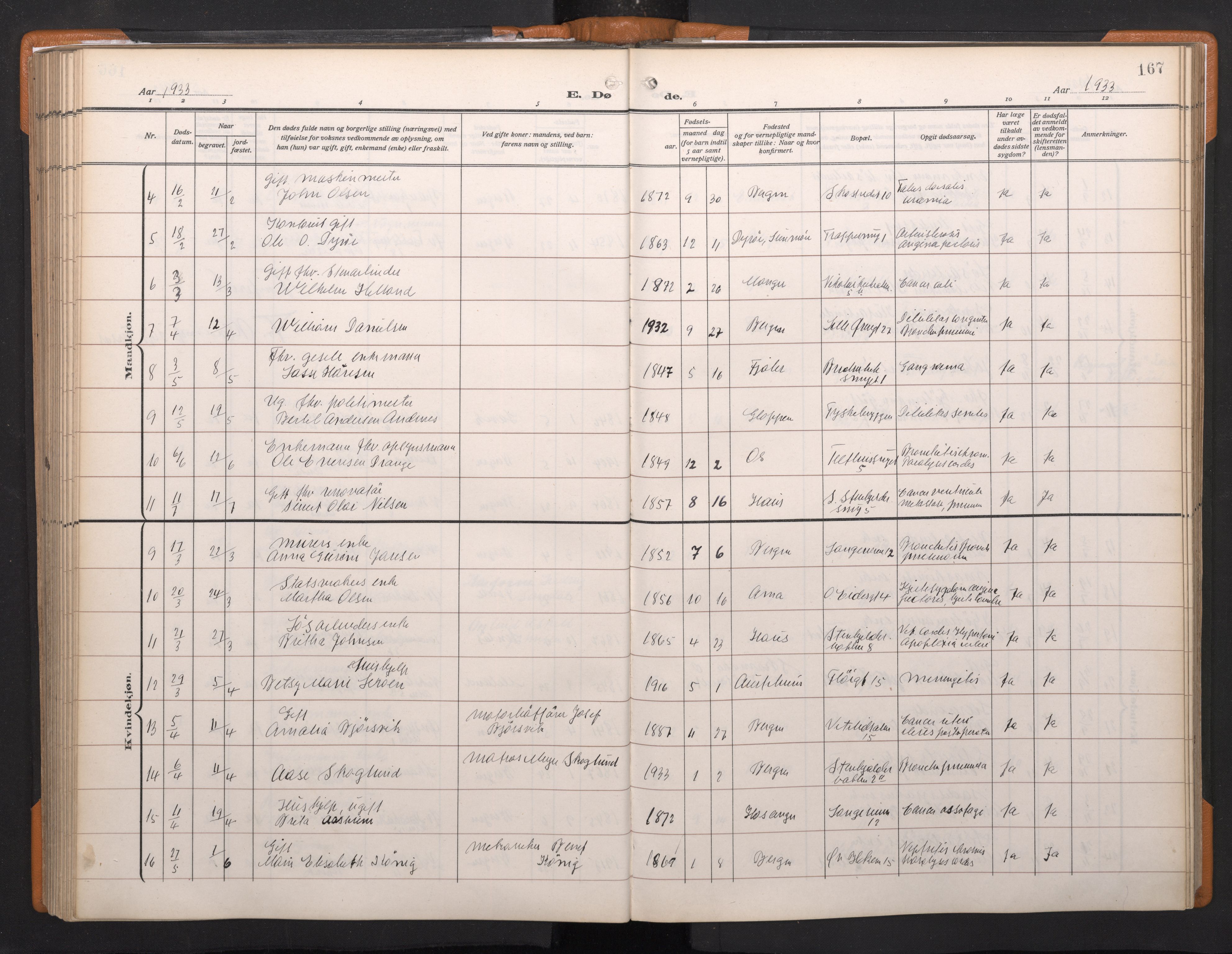 Korskirken sokneprestembete, AV/SAB-A-76101/H/Haa/L0048: Parish register (official) no. E 6, 1910-1960, p. 166b-167a