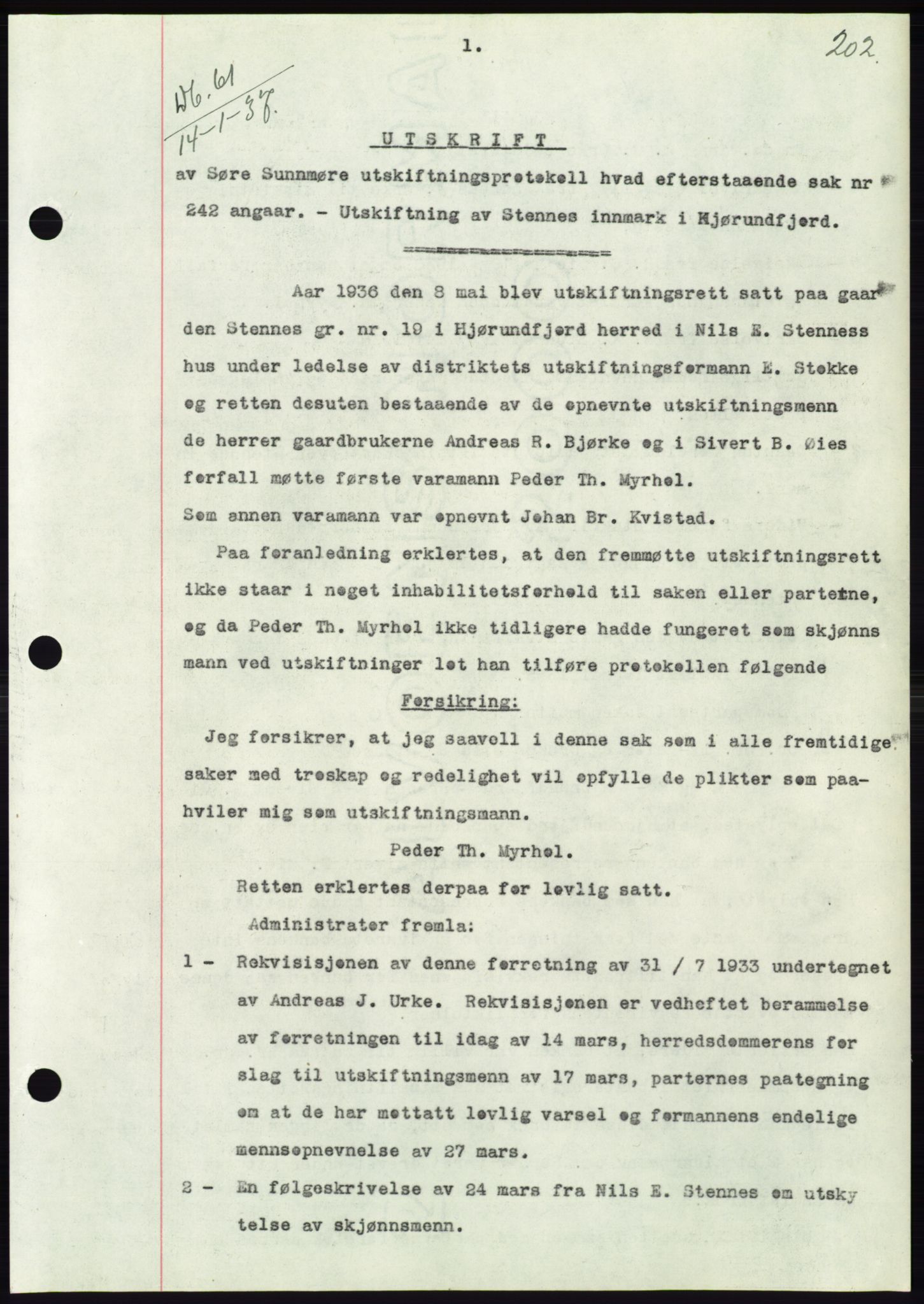 Søre Sunnmøre sorenskriveri, AV/SAT-A-4122/1/2/2C/L0062: Mortgage book no. 56, 1936-1937, Diary no: : 61/1937