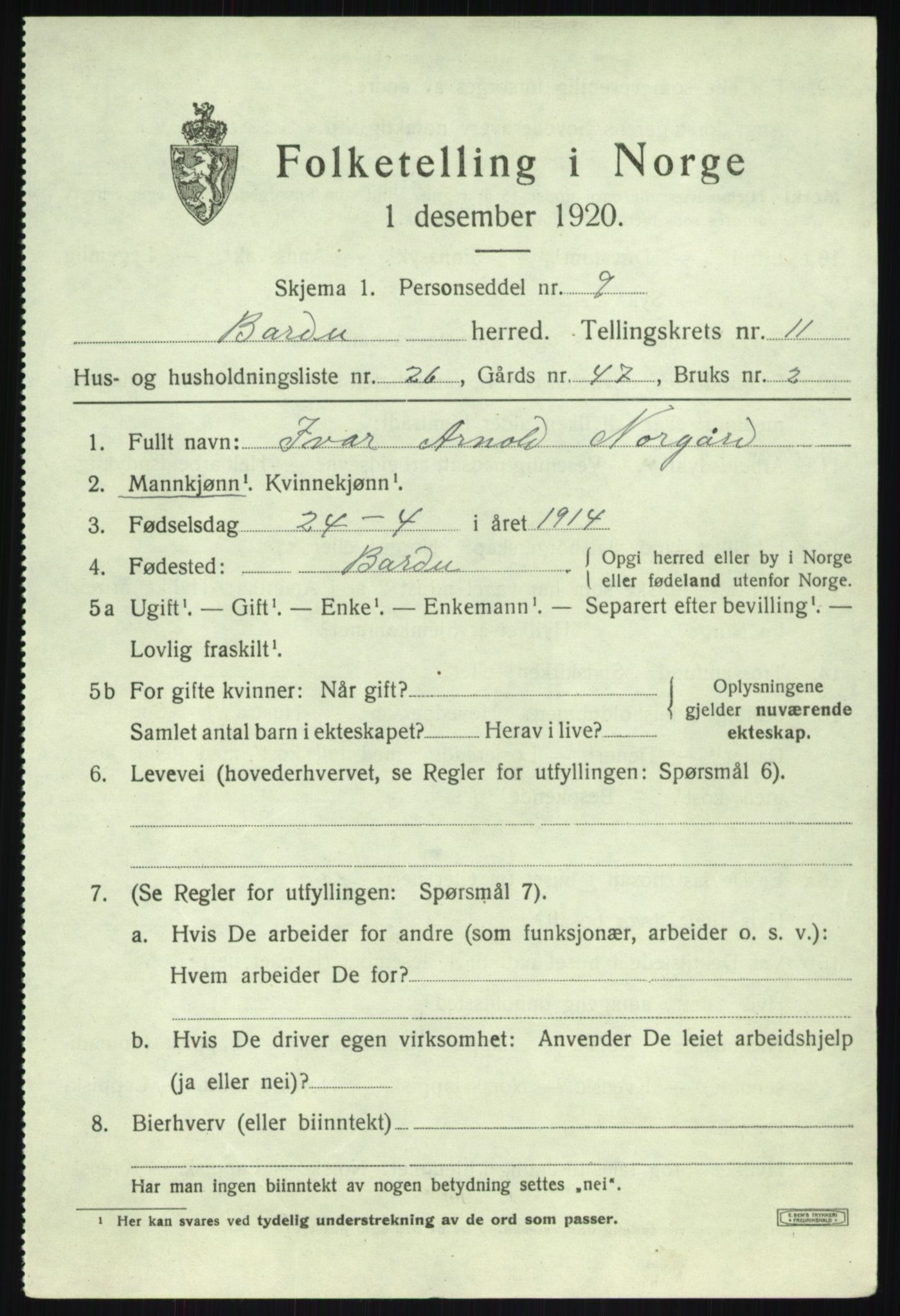 SATØ, 1920 census for Bardu, 1920, p. 3842