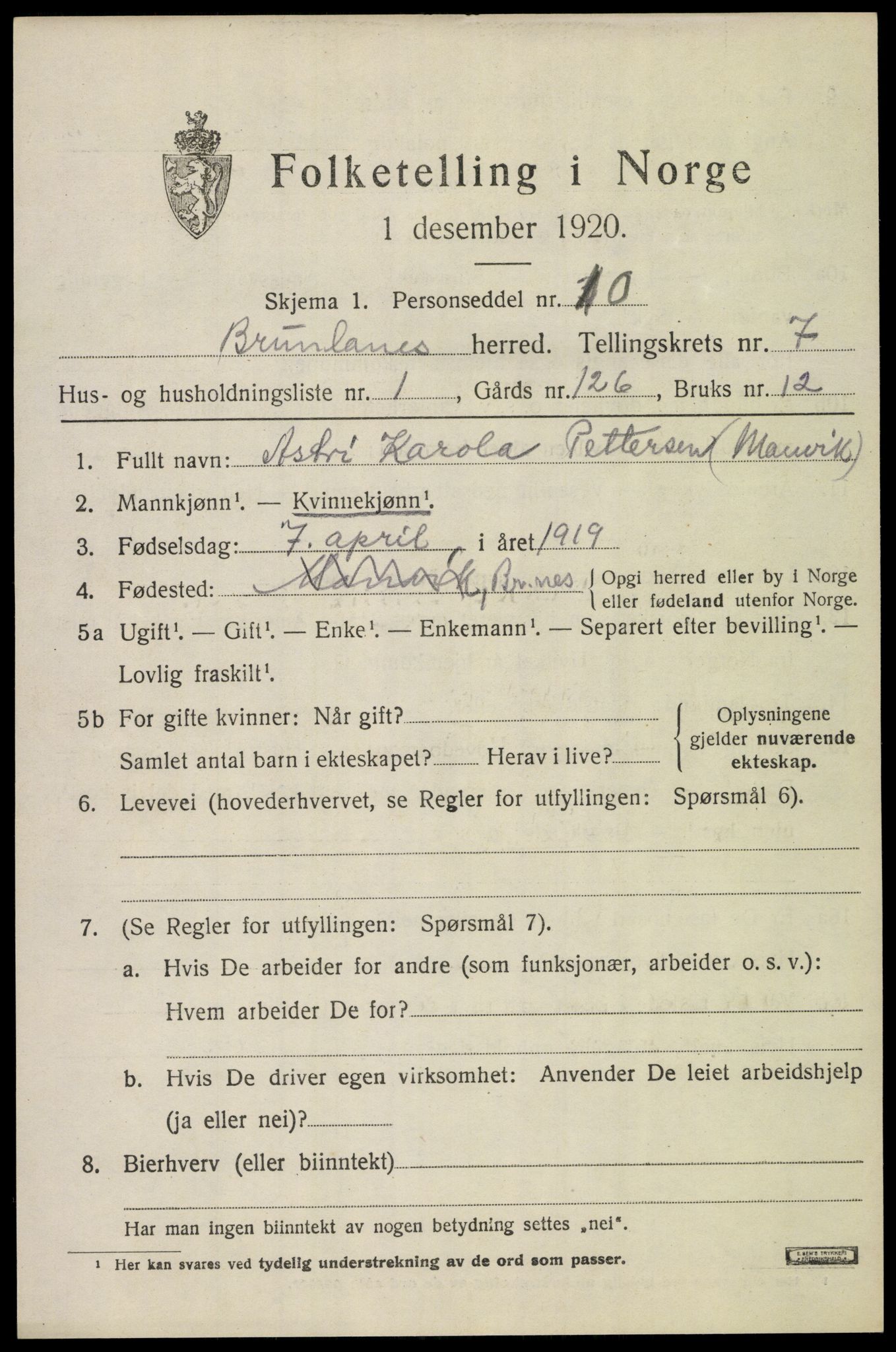 SAKO, 1920 census for Brunlanes, 1920, p. 7073