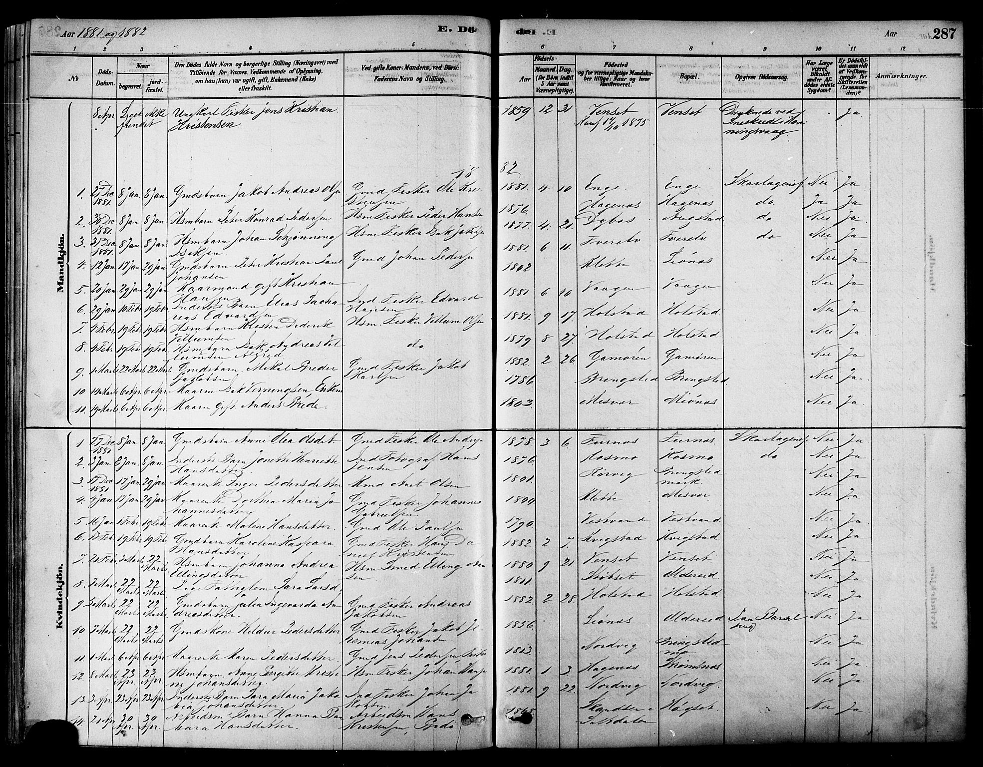 Ministerialprotokoller, klokkerbøker og fødselsregistre - Nordland, SAT/A-1459/852/L0740: Parish register (official) no. 852A10, 1878-1894, p. 287