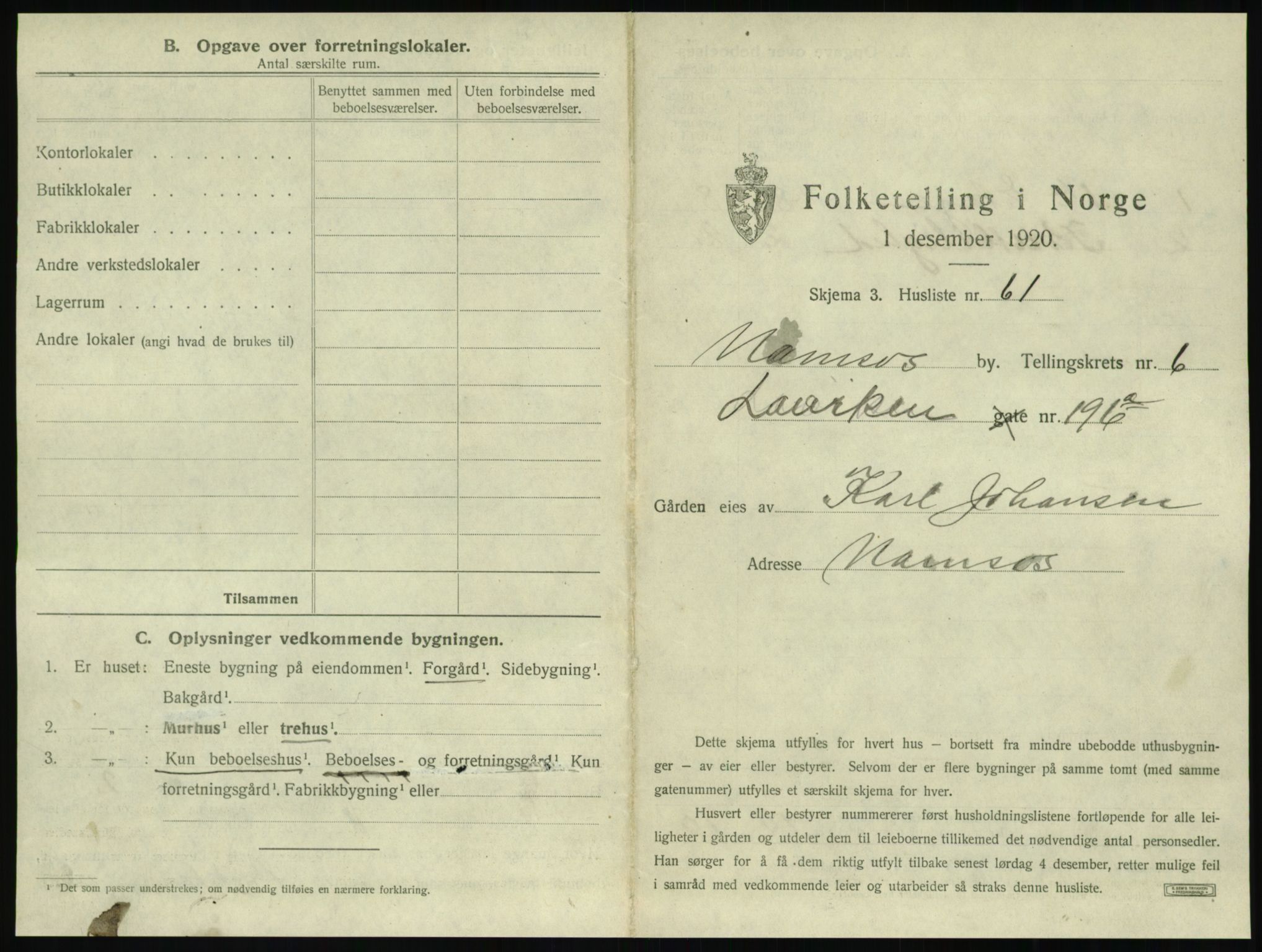SAT, 1920 census for Namsos, 1920, p. 725