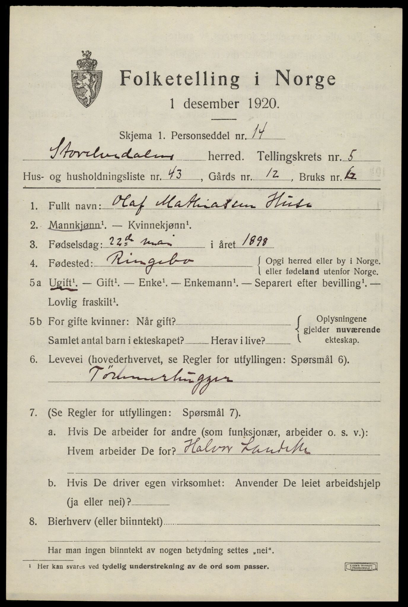 SAH, 1920 census for Stor-Elvdal, 1920, p. 4906