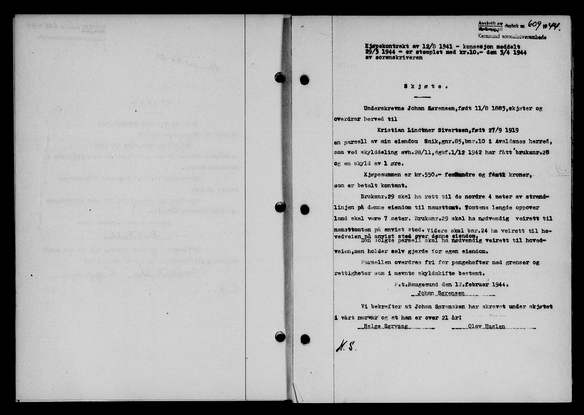 Karmsund sorenskriveri, SAST/A-100311/01/II/IIB/L0081: Mortgage book no. 62A, 1943-1944, Diary no: : 609/1944