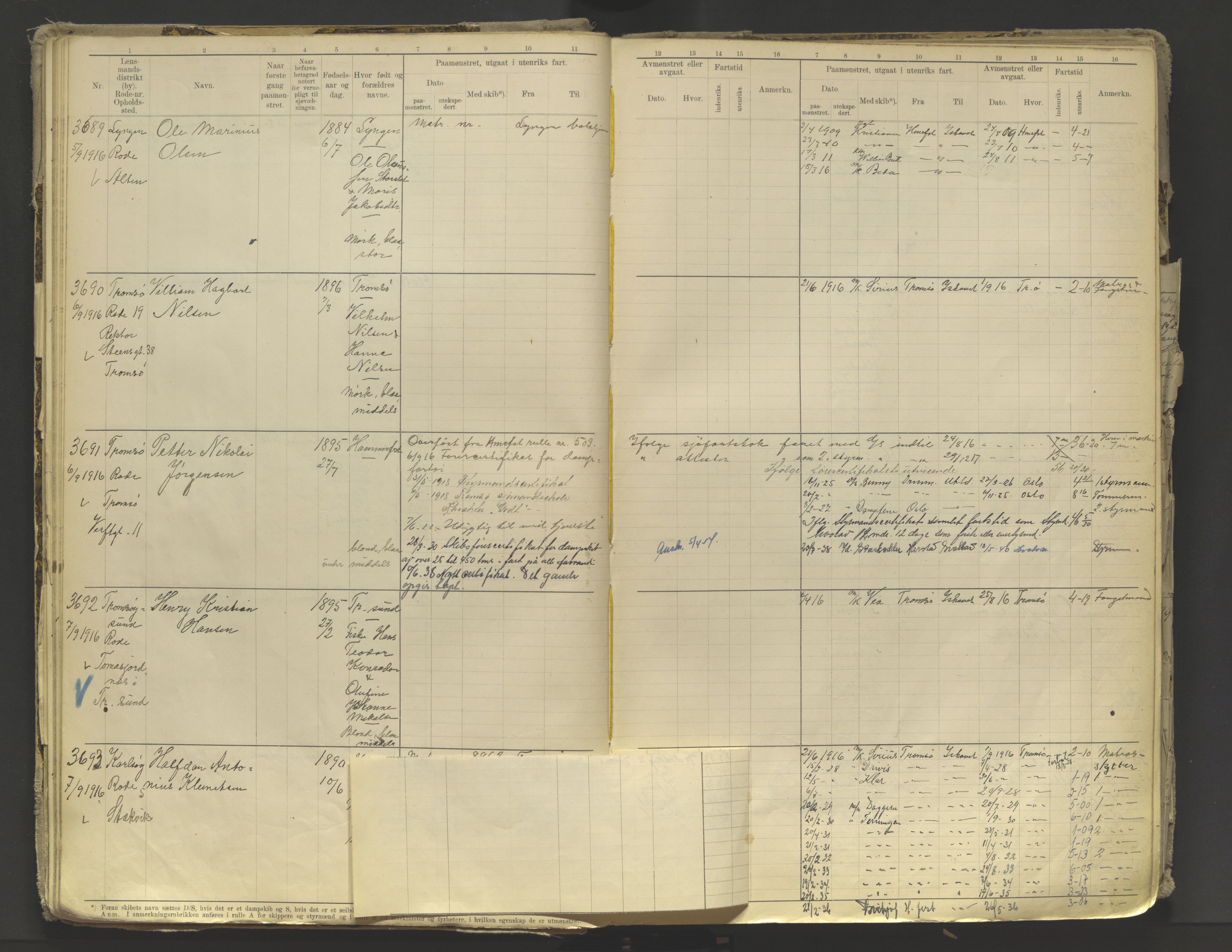 Tromsø sjømannskontor/innrullerings-/mønstringsdistrikt, AV/SATØ-S-0243/F/Fb/L0010: Annotasjonsrulle. Defekt: løs innbinding. Nr. 3519-4972, 1916-1920