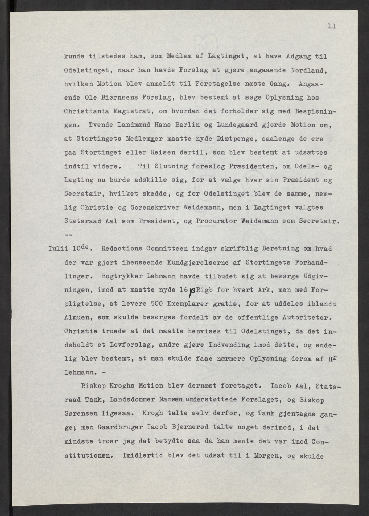 Manuskriptsamlingen, AV/RA-EA-3667/F/L0197: Wetlesen, Hans Jørgen (stortingsmann, ingeniørkaptein); Referat fra Stortinget 1815-1816, 1815-1816, p. 11