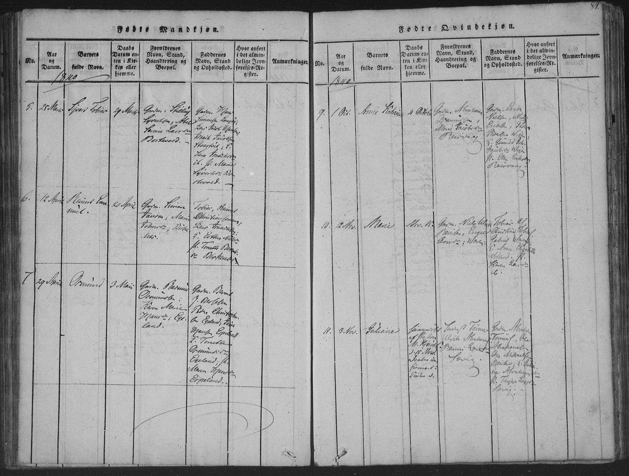 Herad sokneprestkontor, SAK/1111-0018/F/Fa/Fab/L0002: Parish register (official) no. A 2, 1816-1844, p. 84