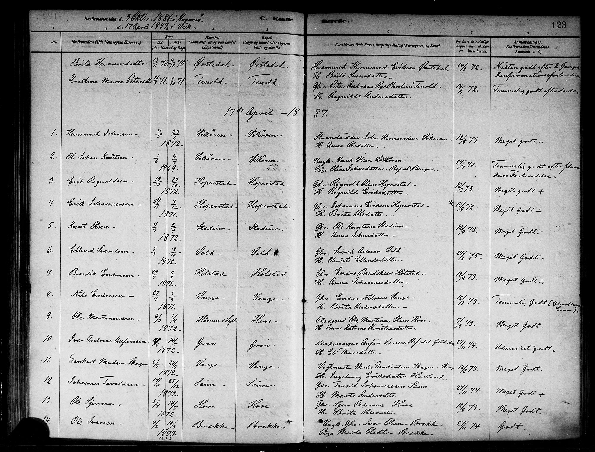 Vik sokneprestembete, SAB/A-81501: Parish register (official) no. B 1, 1878-1890, p. 123