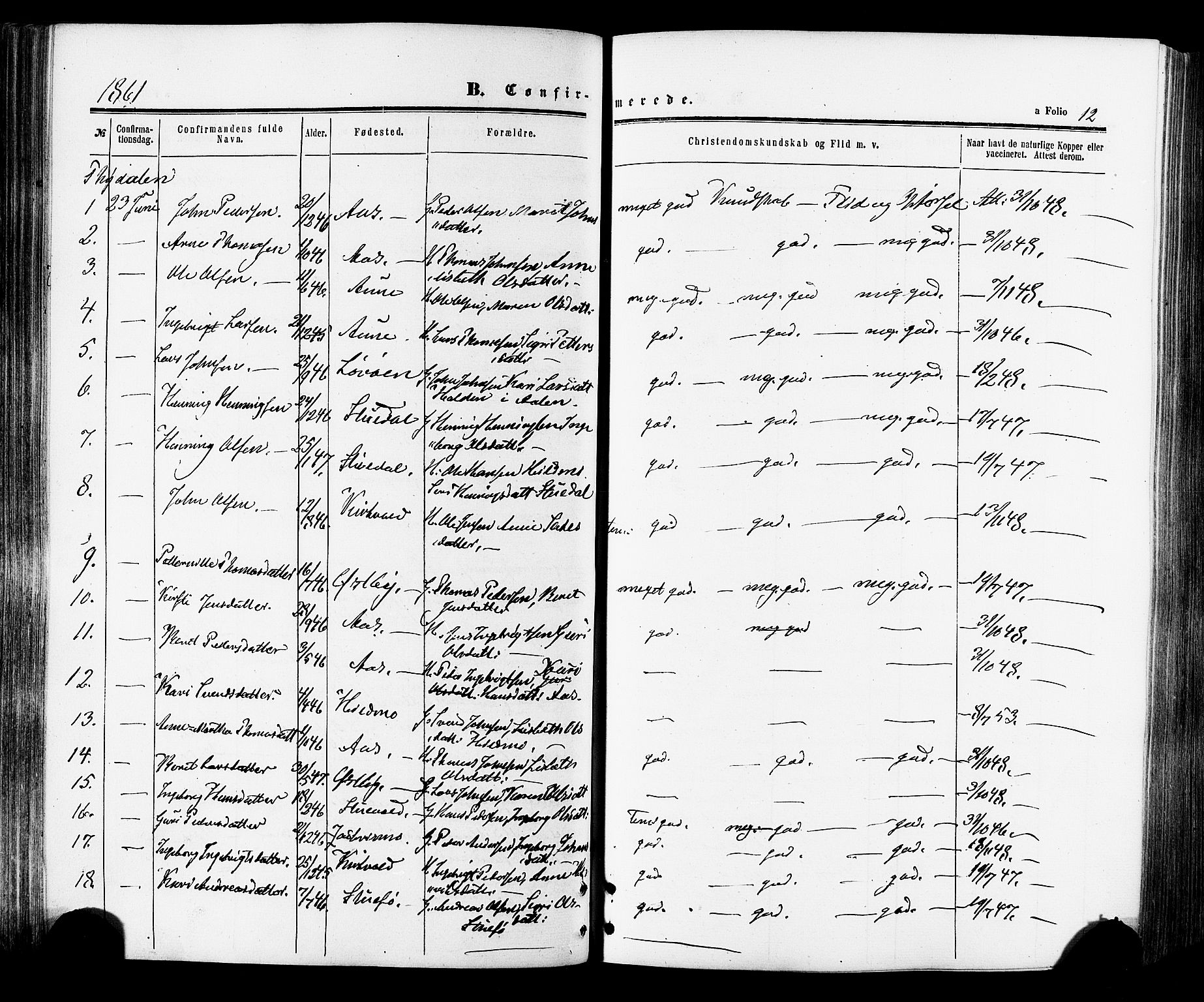 Ministerialprotokoller, klokkerbøker og fødselsregistre - Sør-Trøndelag, AV/SAT-A-1456/695/L1147: Parish register (official) no. 695A07, 1860-1877, p. 12