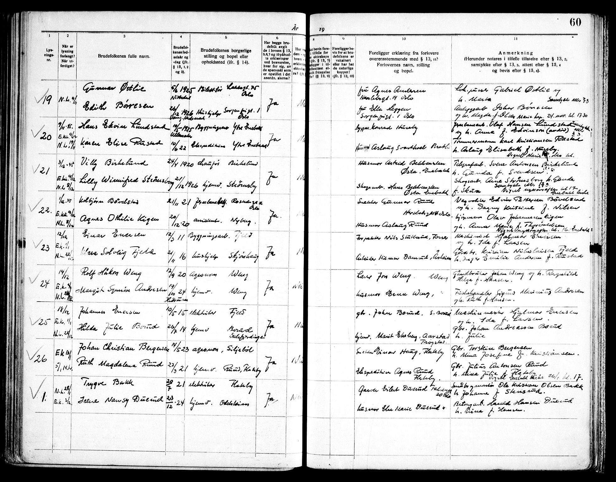 Enebakk prestekontor Kirkebøker, SAO/A-10171c/H/Ha/L0001: Banns register no. 1, 1919-1958, p. 60
