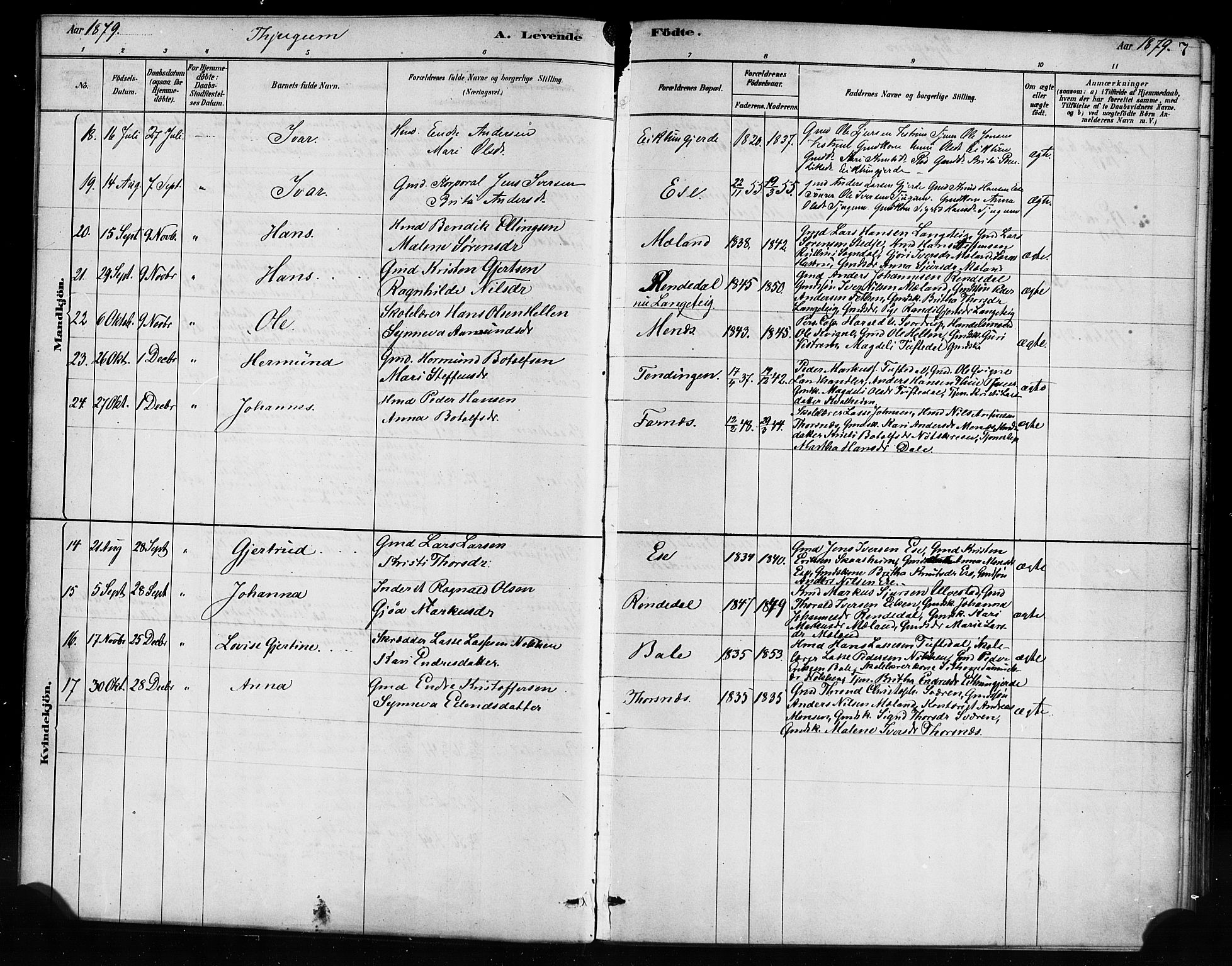 Balestrand sokneprestembete, AV/SAB-A-79601/H/Haa/Haaa/L0004: Parish register (official) no. A 4 / 1, 1879-1888, p. 7