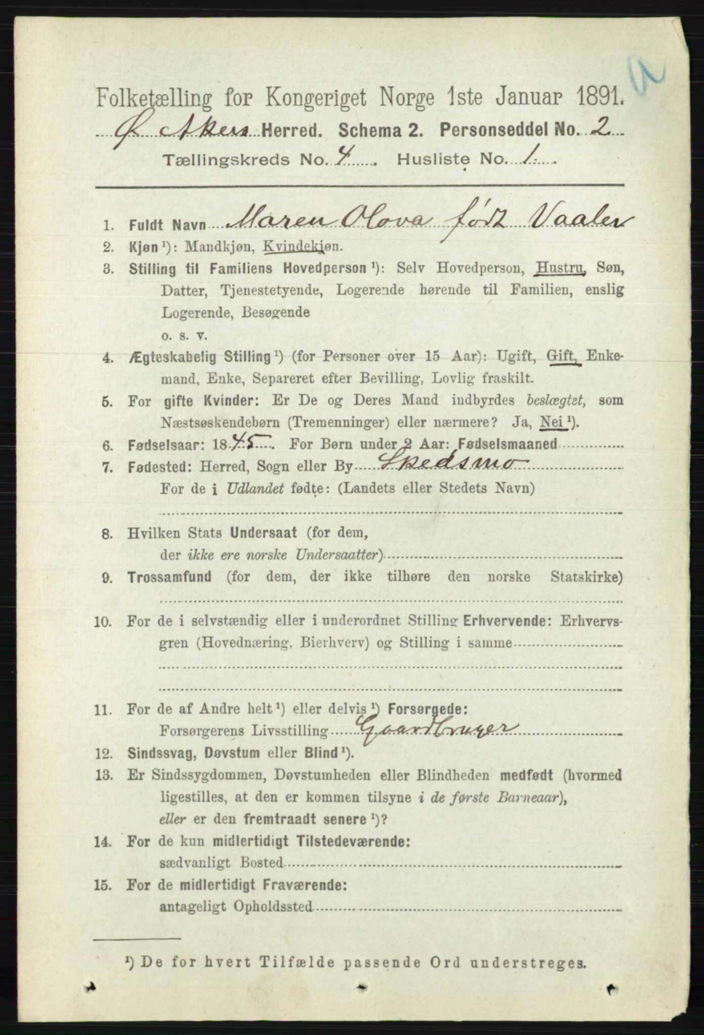 RA, 1891 census for 0218 Aker, 1891, p. 3926