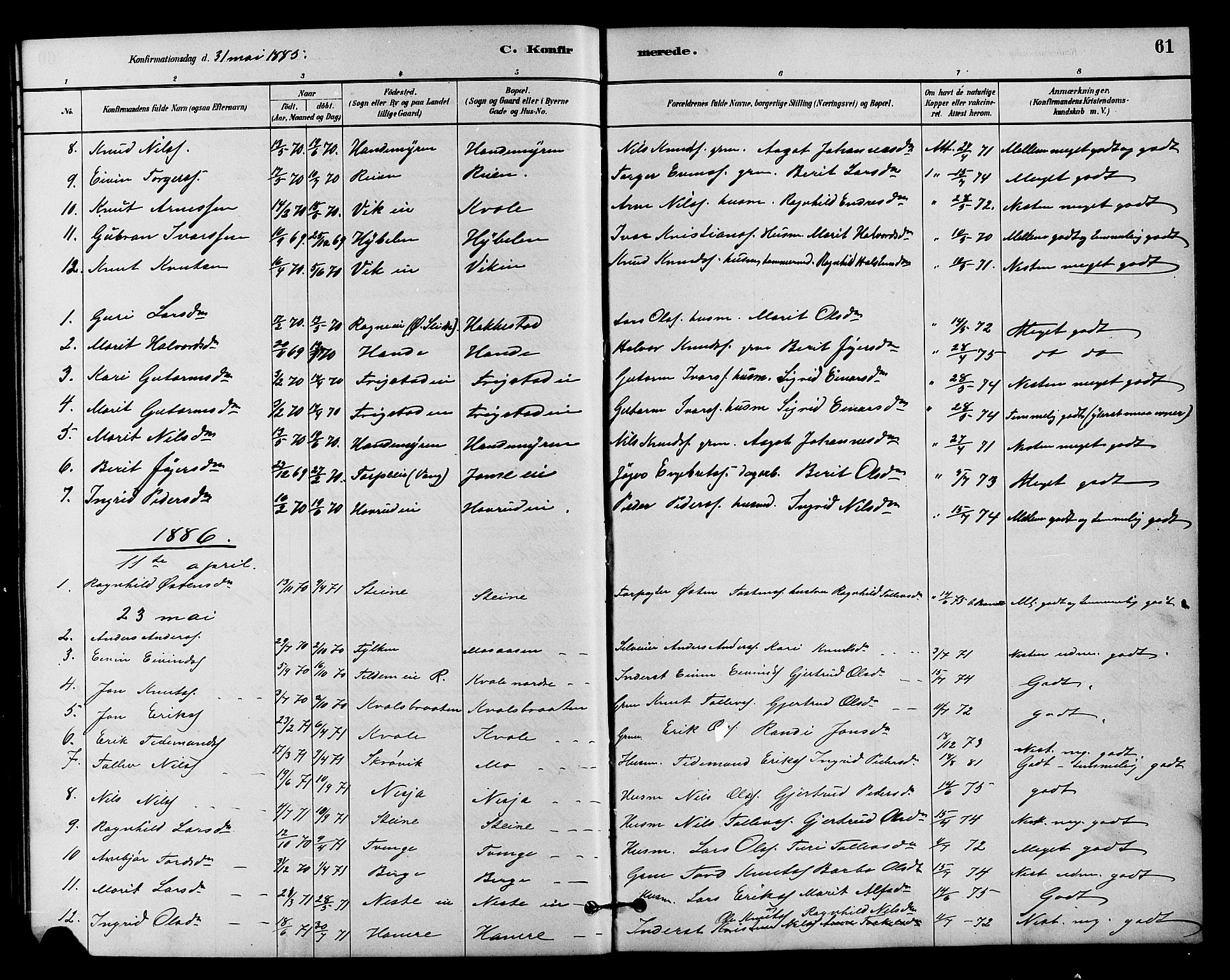 Vestre Slidre prestekontor, SAH/PREST-136/H/Ha/Hab/L0004: Parish register (copy) no. 4, 1881-1912, p. 61